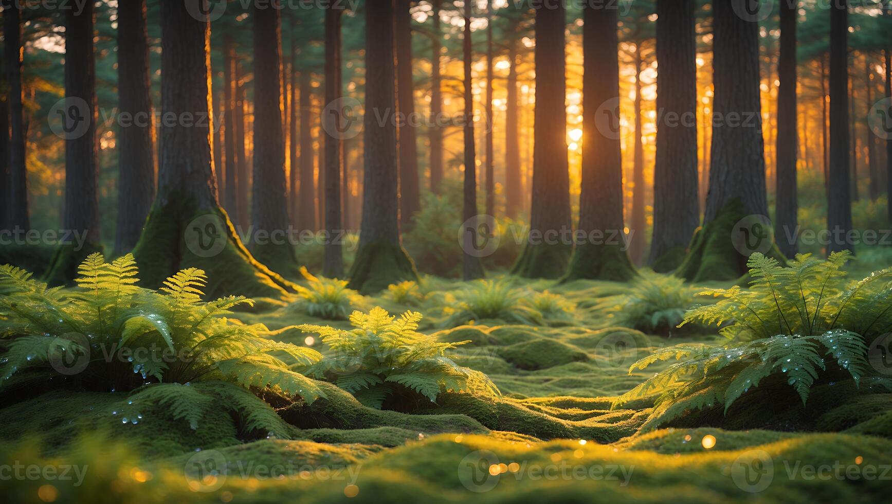 Walking Through Forest with Moss and Ferns at Golden Hour photo