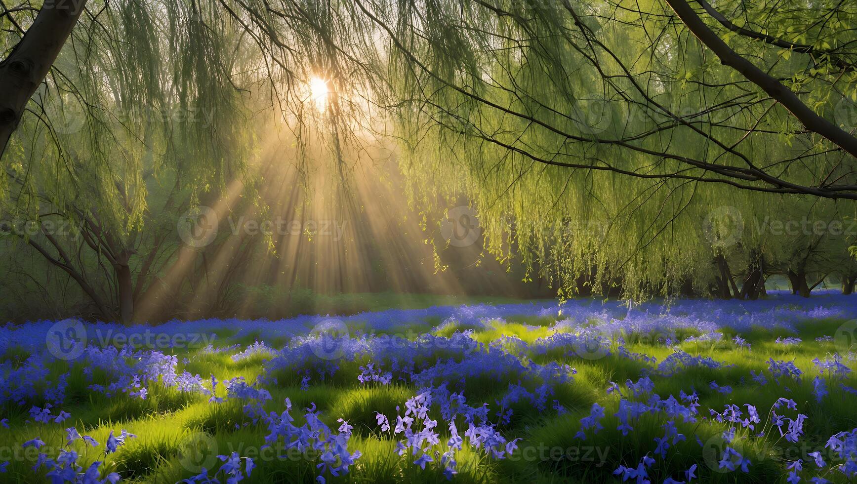 Sun Rays Shining Through Willow Trees Over a Bluebell Field photo