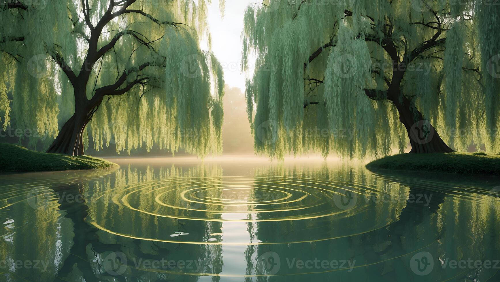 Willow Tree by the Lake with Ripples at Golden Hour photo