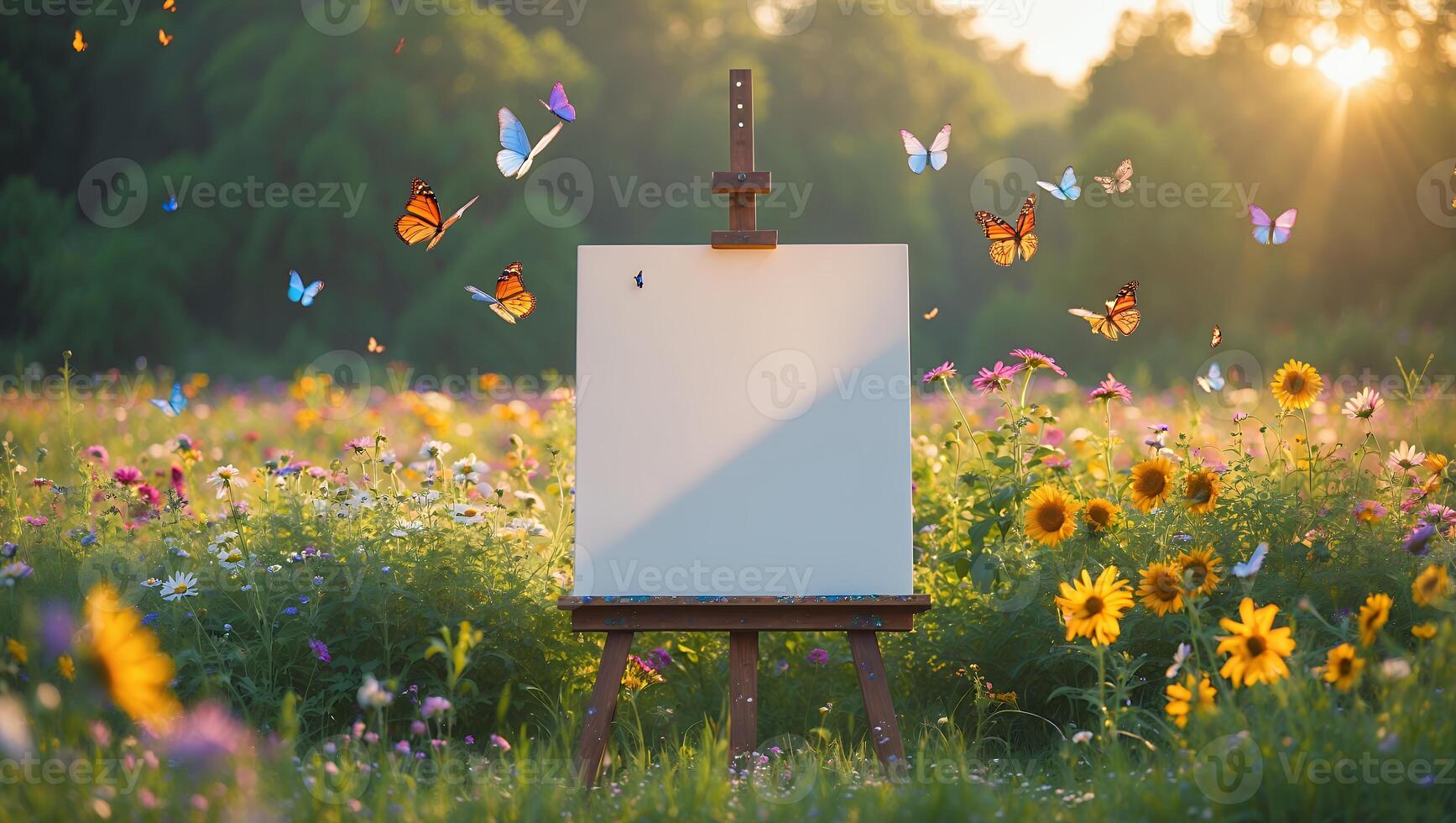 Easel in Flower Field with Flying Butterflies Under Sunlight photo
