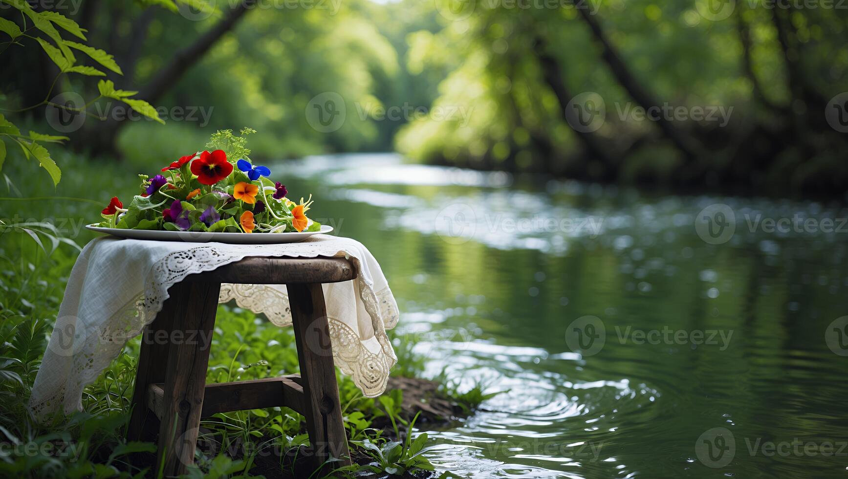 Serving Edible Flower Salad Outdoors by River on Rustic Wooden Stool photo