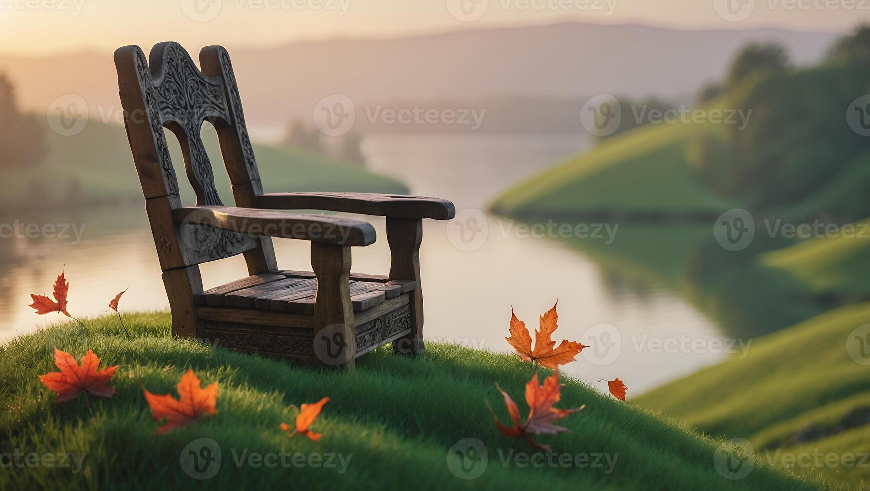 Wooden Chair on Green Hillside Overlooking Lake with Autumn Leaves photo