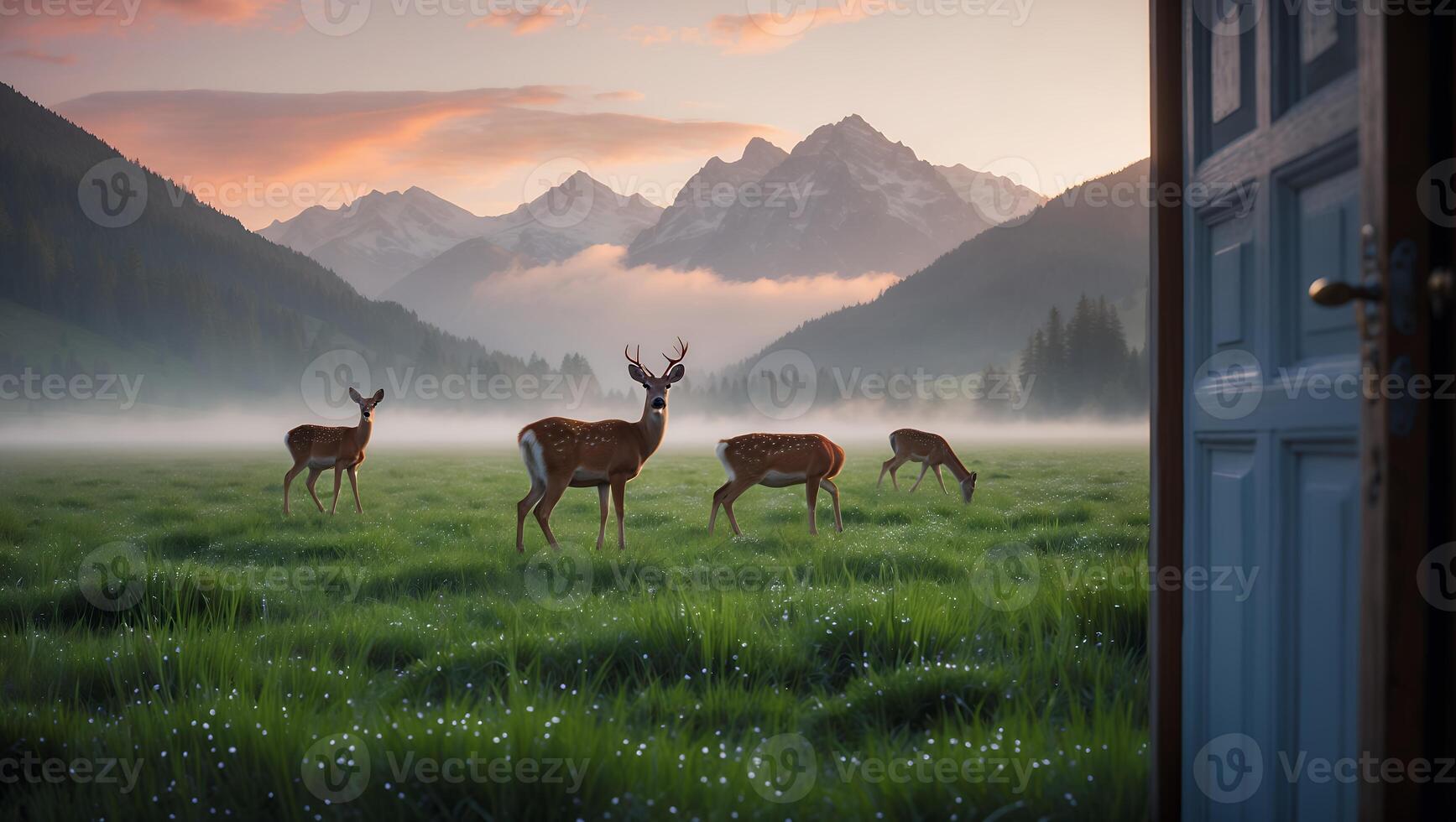 Deer Grazing in Meadow at Dawn Seen Through Open Doorway photo