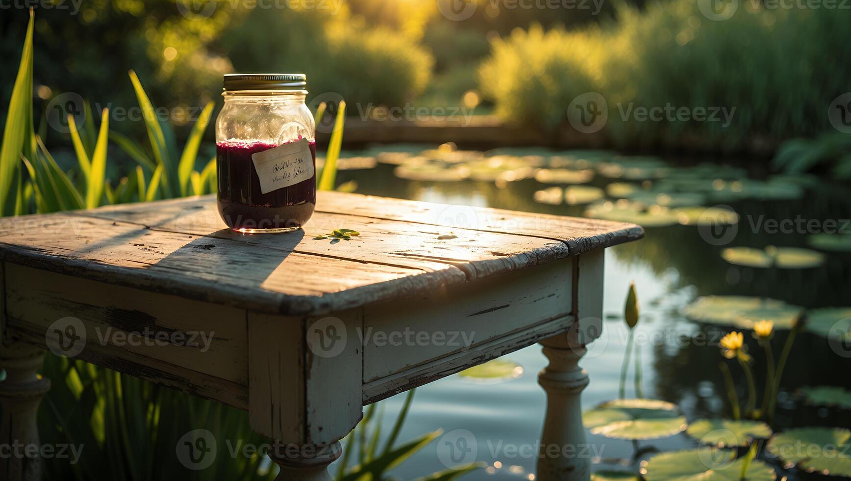 Jar of Fruit Preserves on Rustic Table by a Pond at Sunset photo