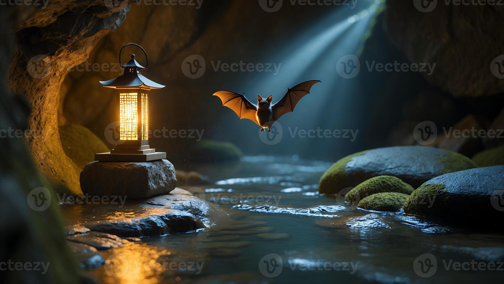 Bat Flying Through Cave with Lantern and Stream of Light photo