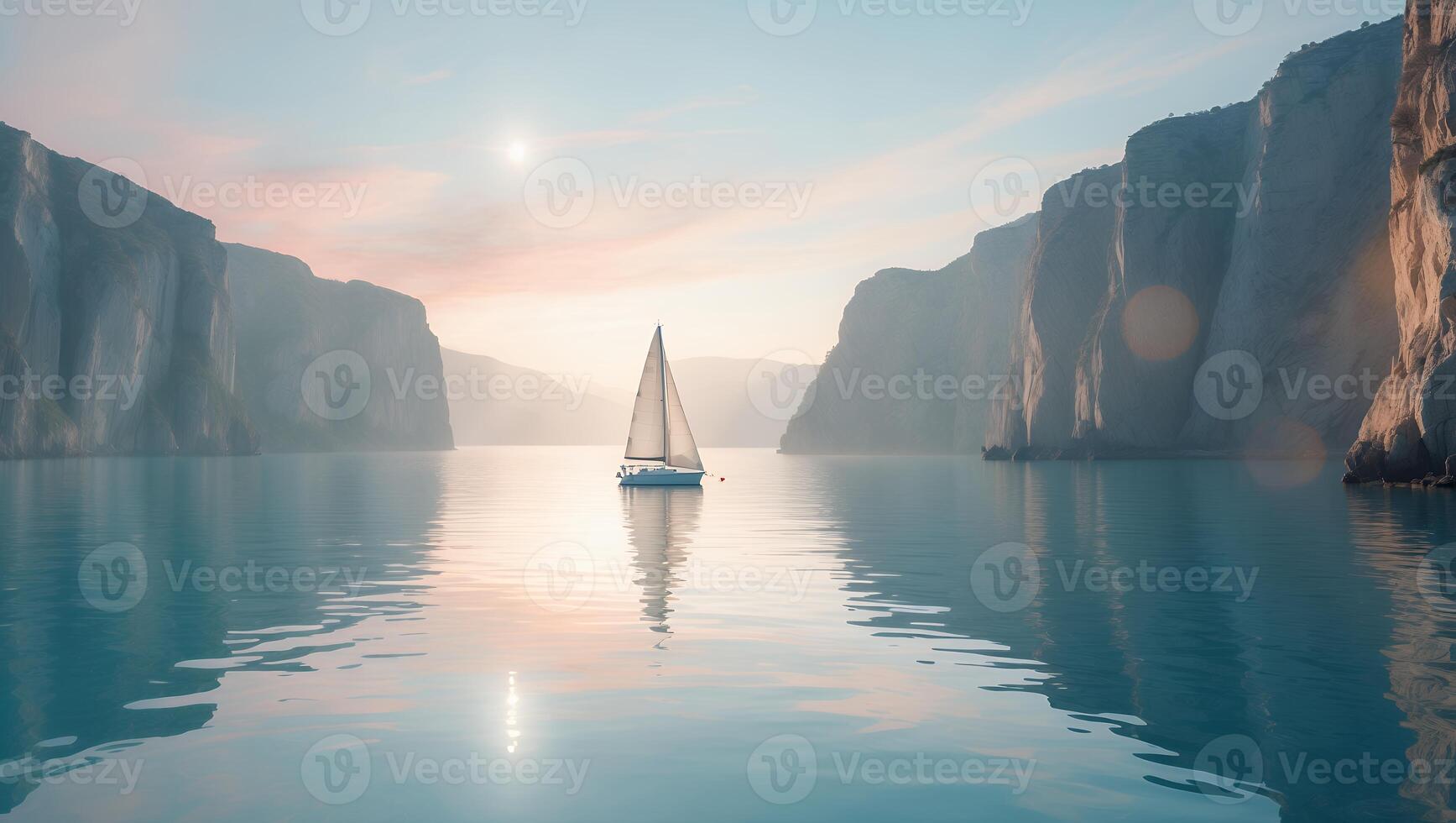 Sailboat Sailing on a Calm Lake Surrounded by Tall Rocky Cliffs photo