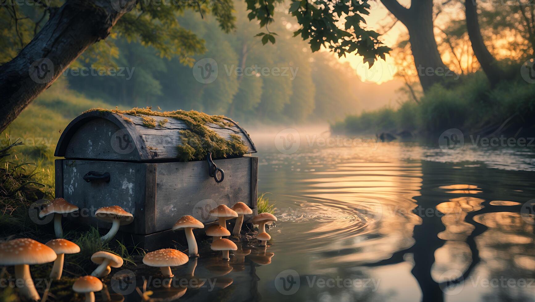 Old Wooden Chest and Mushrooms Near Riverbank During Golden Hour photo