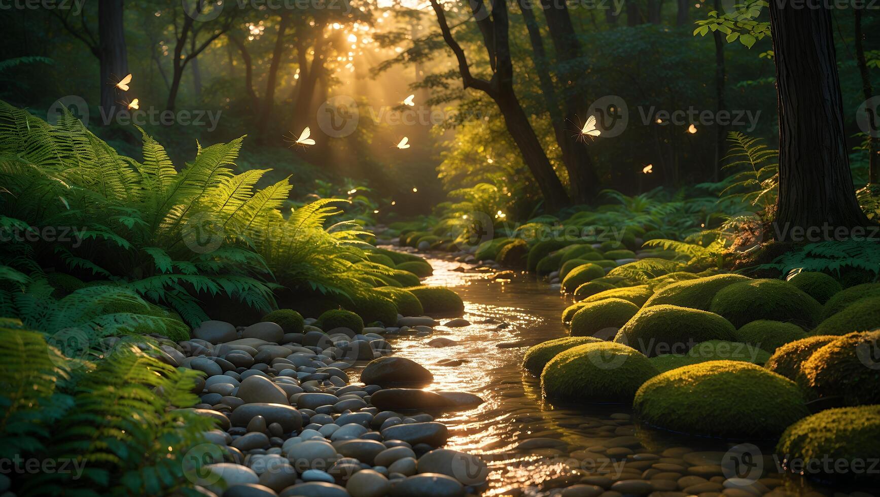 A stream runs through a forest with ferns and rocks photo