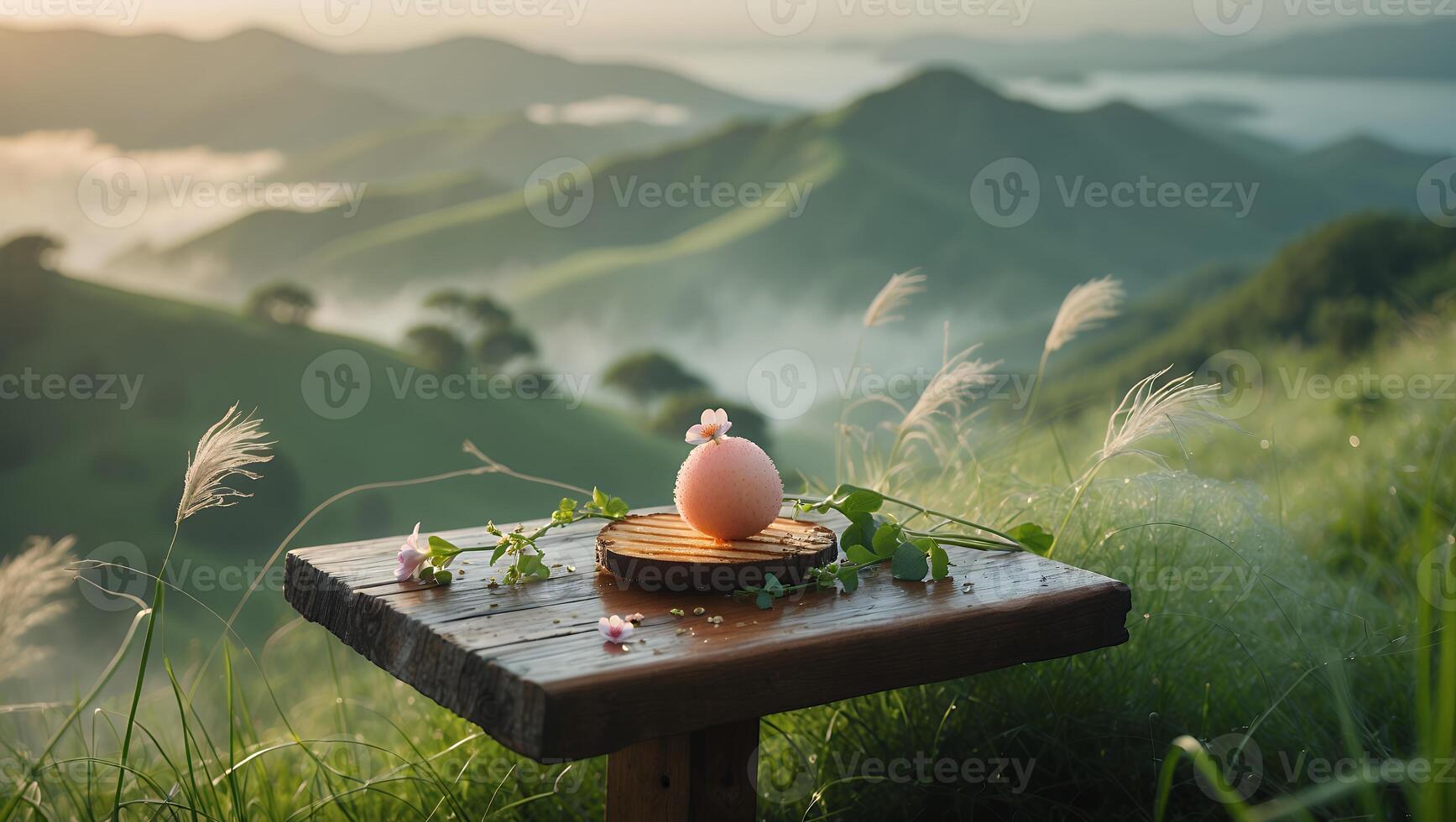 Sphere with Flower on Wooden Table Overlooking Misty Green Hills photo