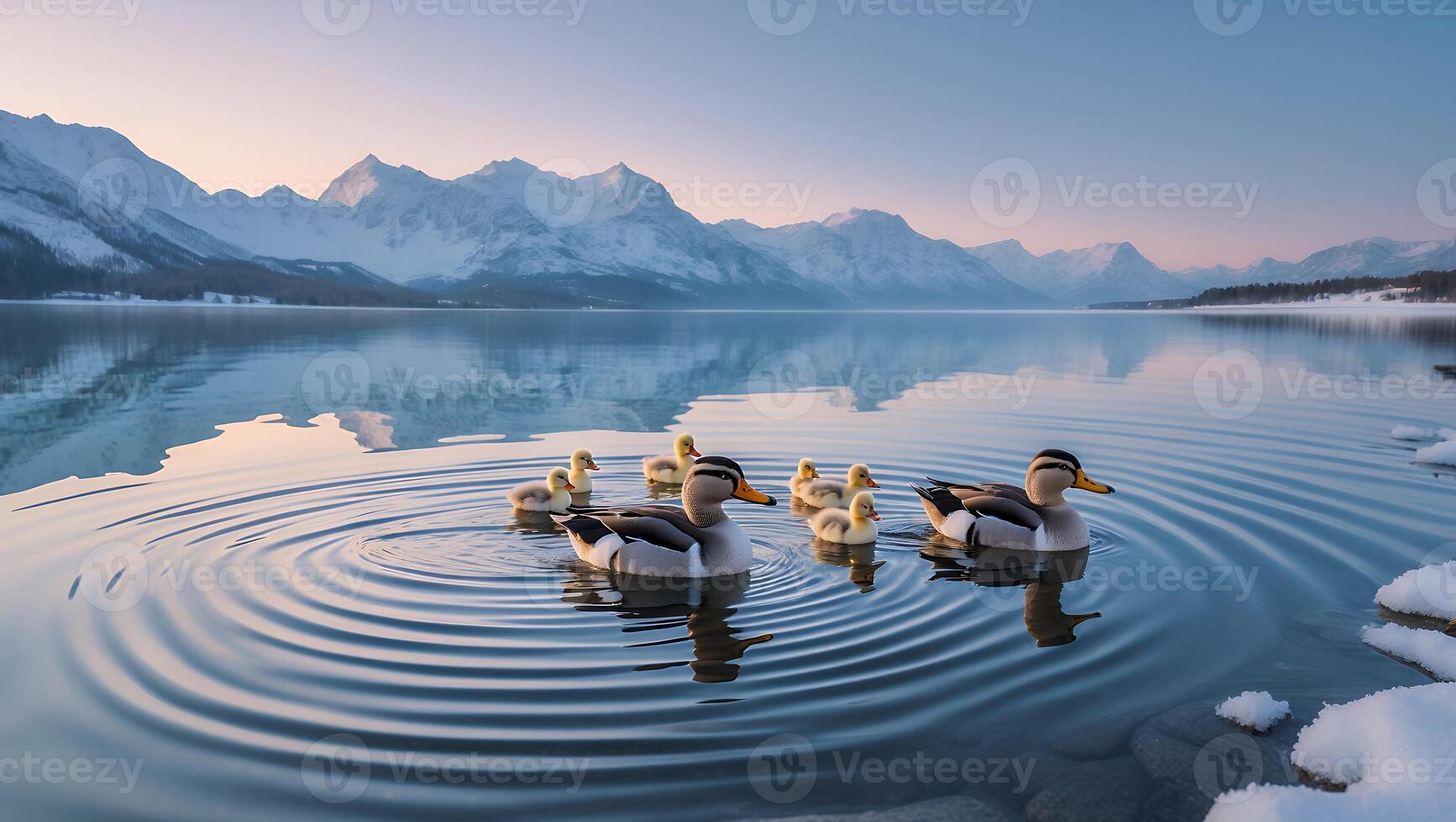Duck Family Swimming in Lake Reflecting Snowy Mountains at Dawn photo