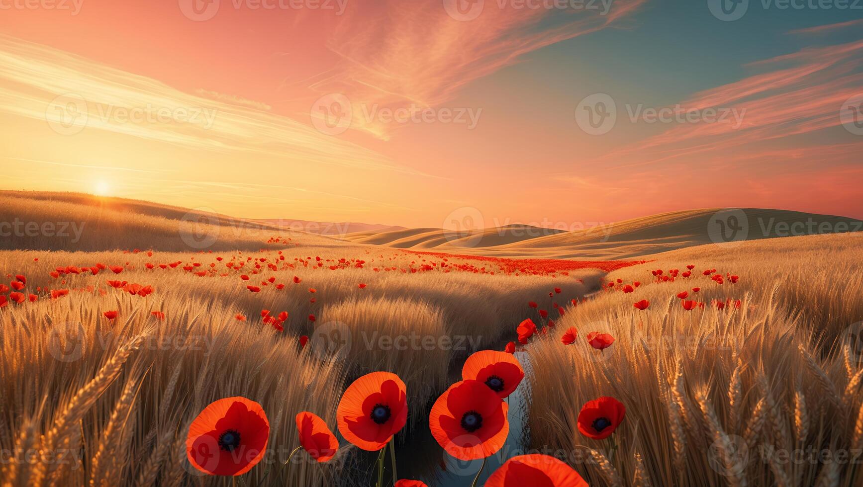 Vibrant Poppies Bloom in Golden Wheat Field at Sunset photo