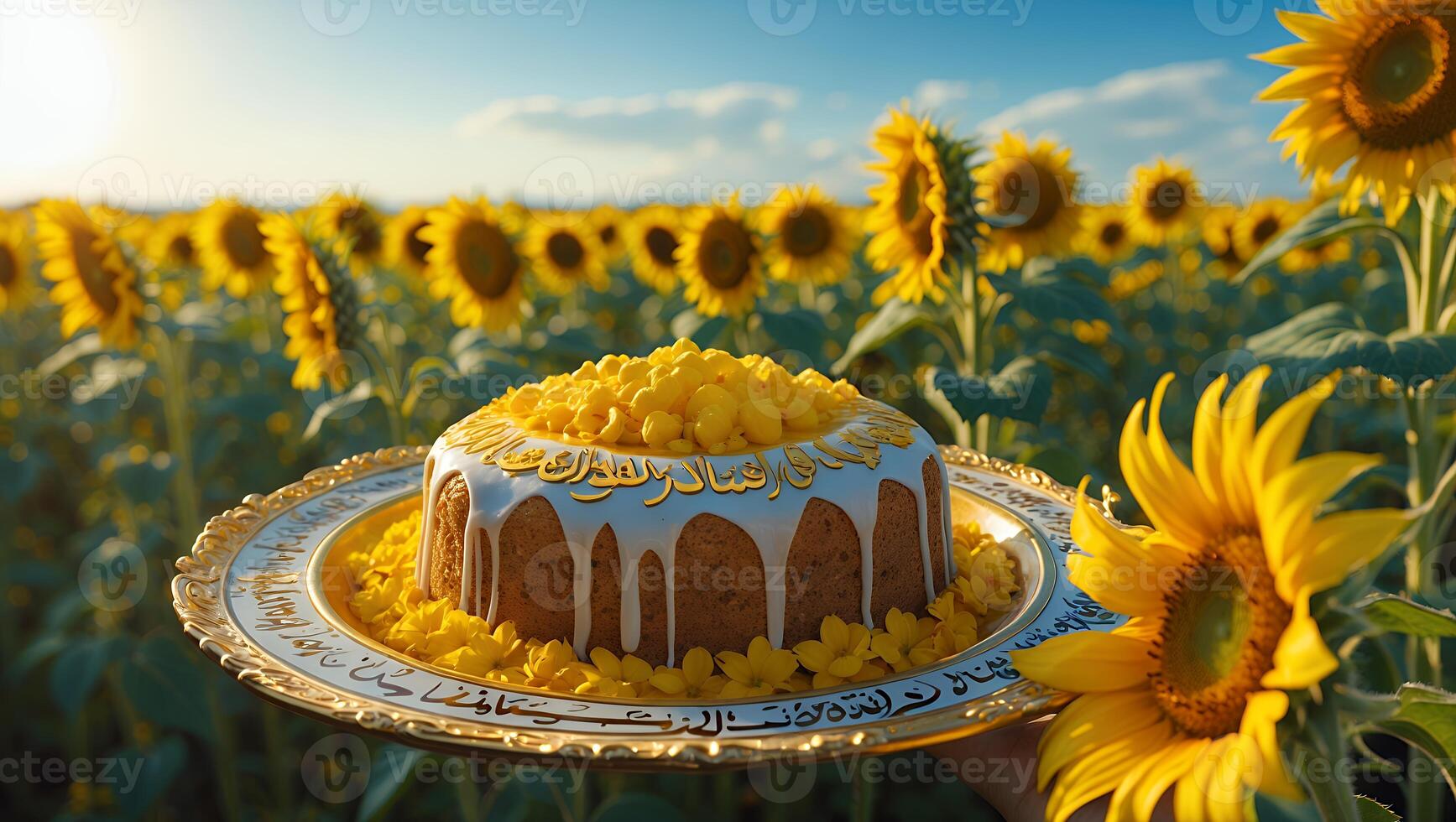Holding Decorated Cake with Sunflower Field and Sky Background Outdoors photo
