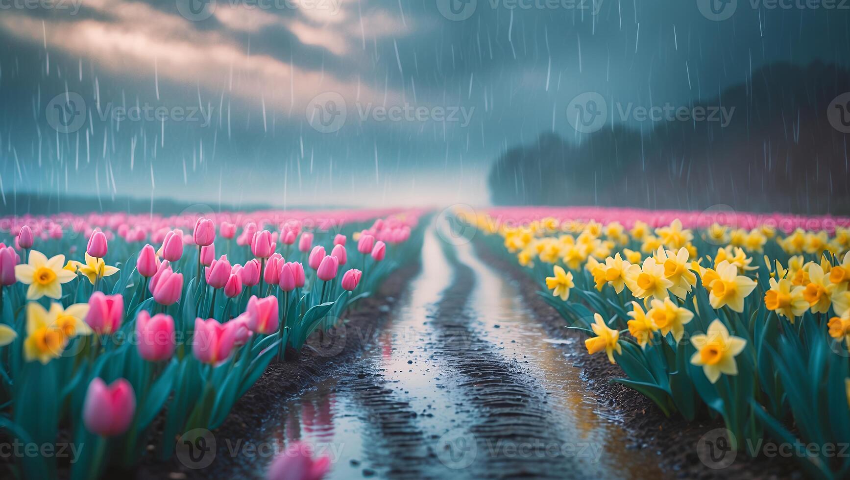 Rainy Day in Flower Field Featuring Tulips and Daffodils photo