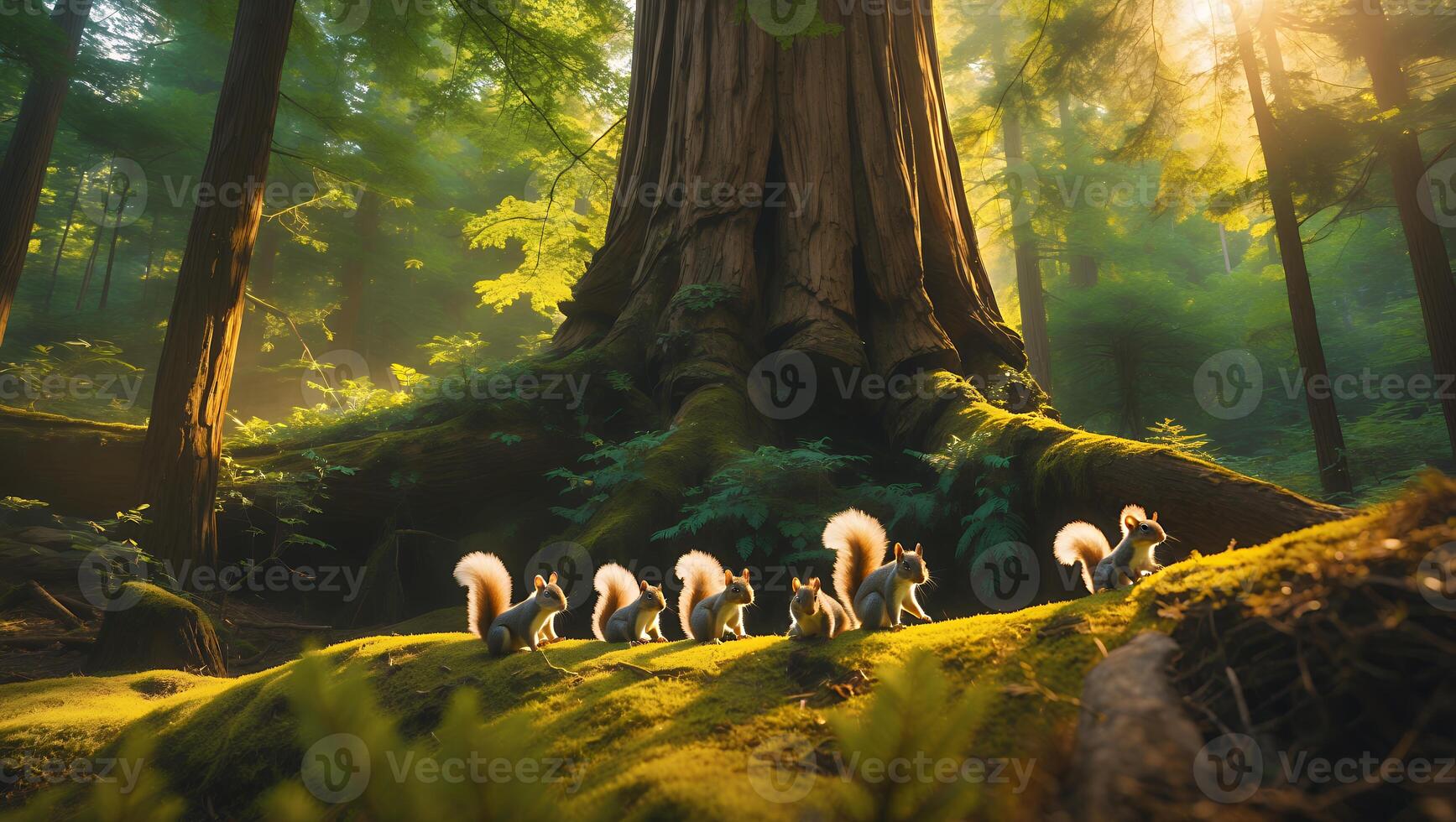 Squirrels Walking Through Forest Glade on Mossy Ground in Sunlight photo