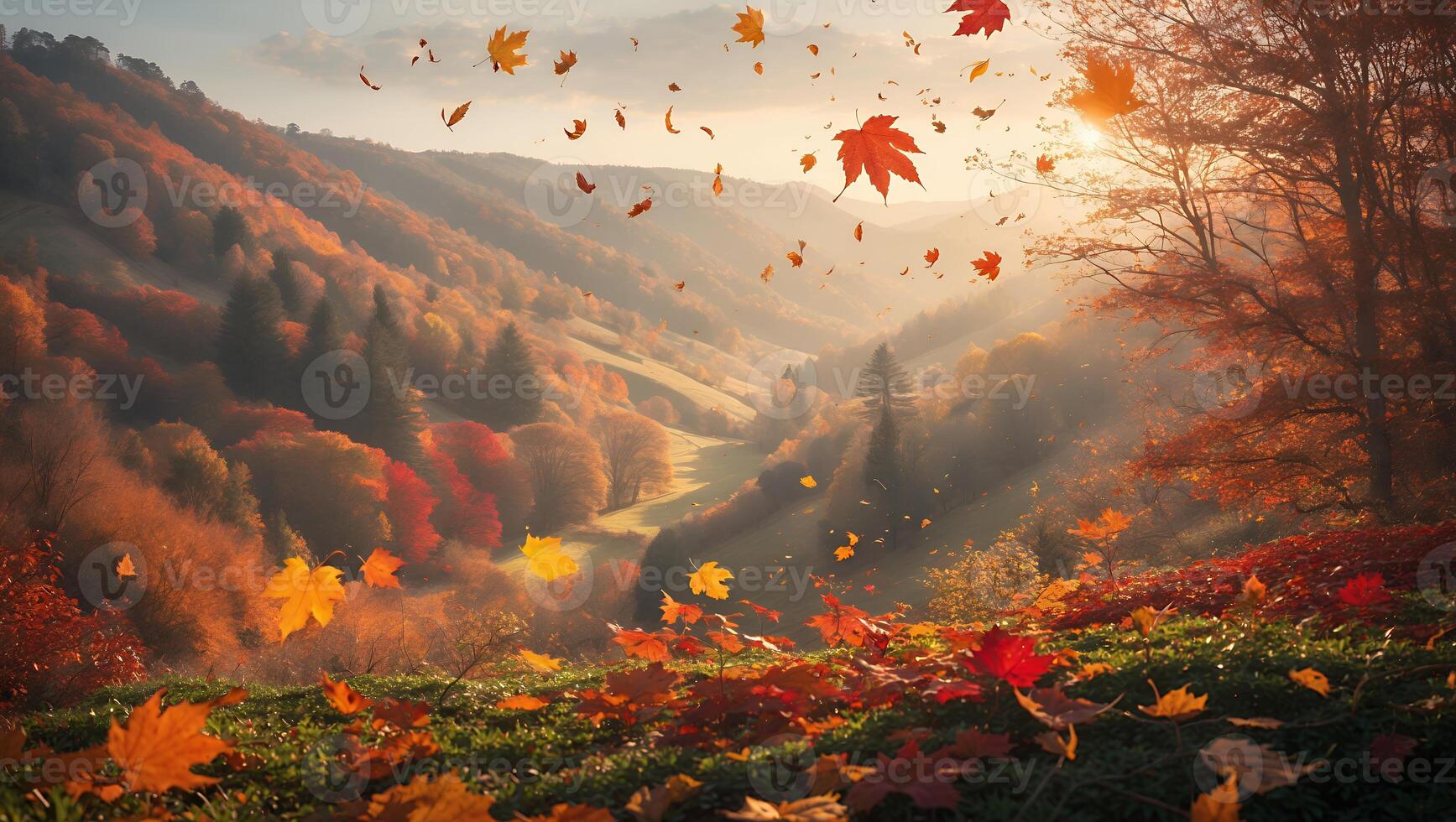 Falling Autumn Leaves in Mountain Valley with Warm Sunlight Through Trees photo