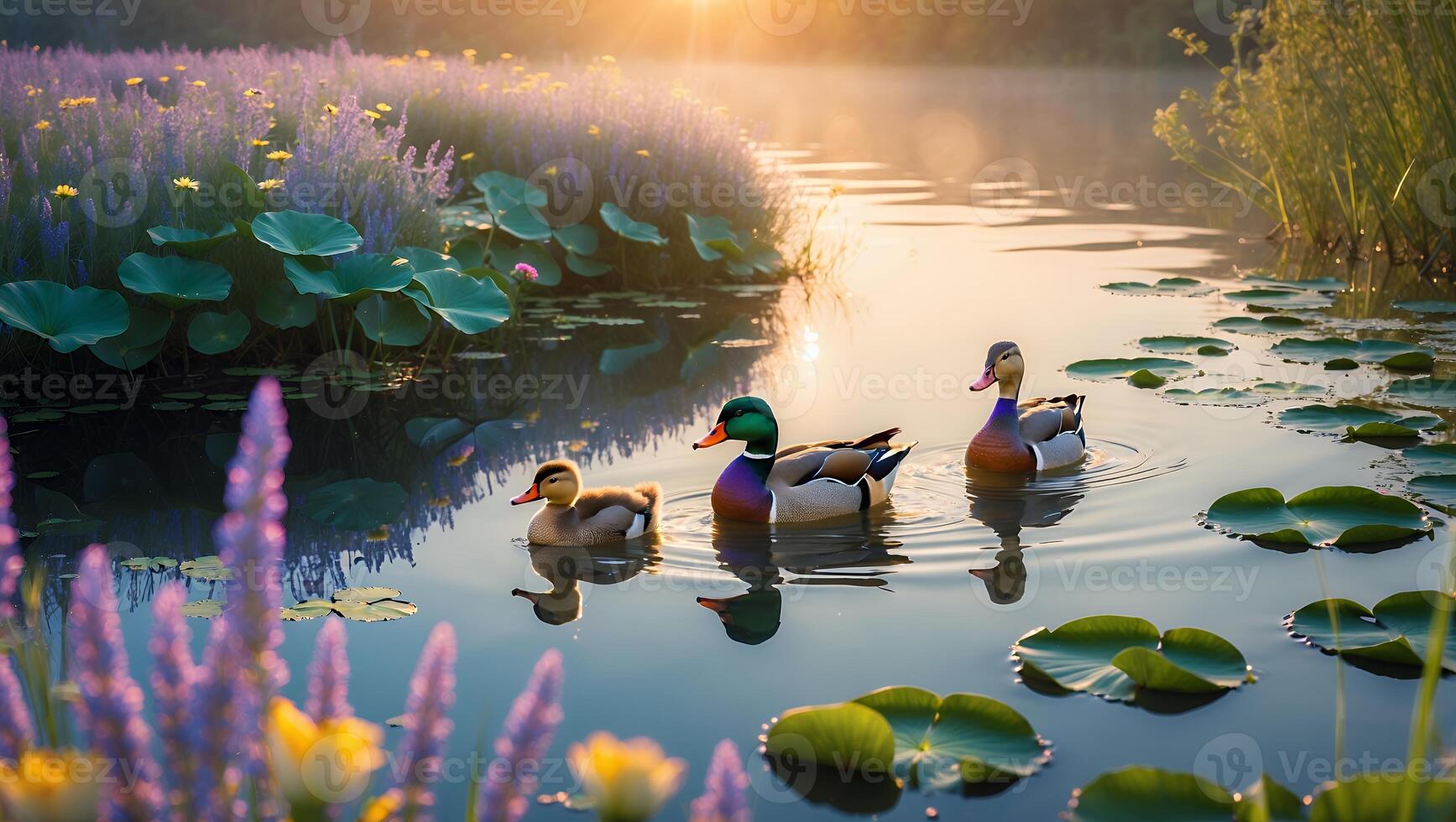 Ducks Swimming on Calm Pond Water with Lily Pads and Flowers photo