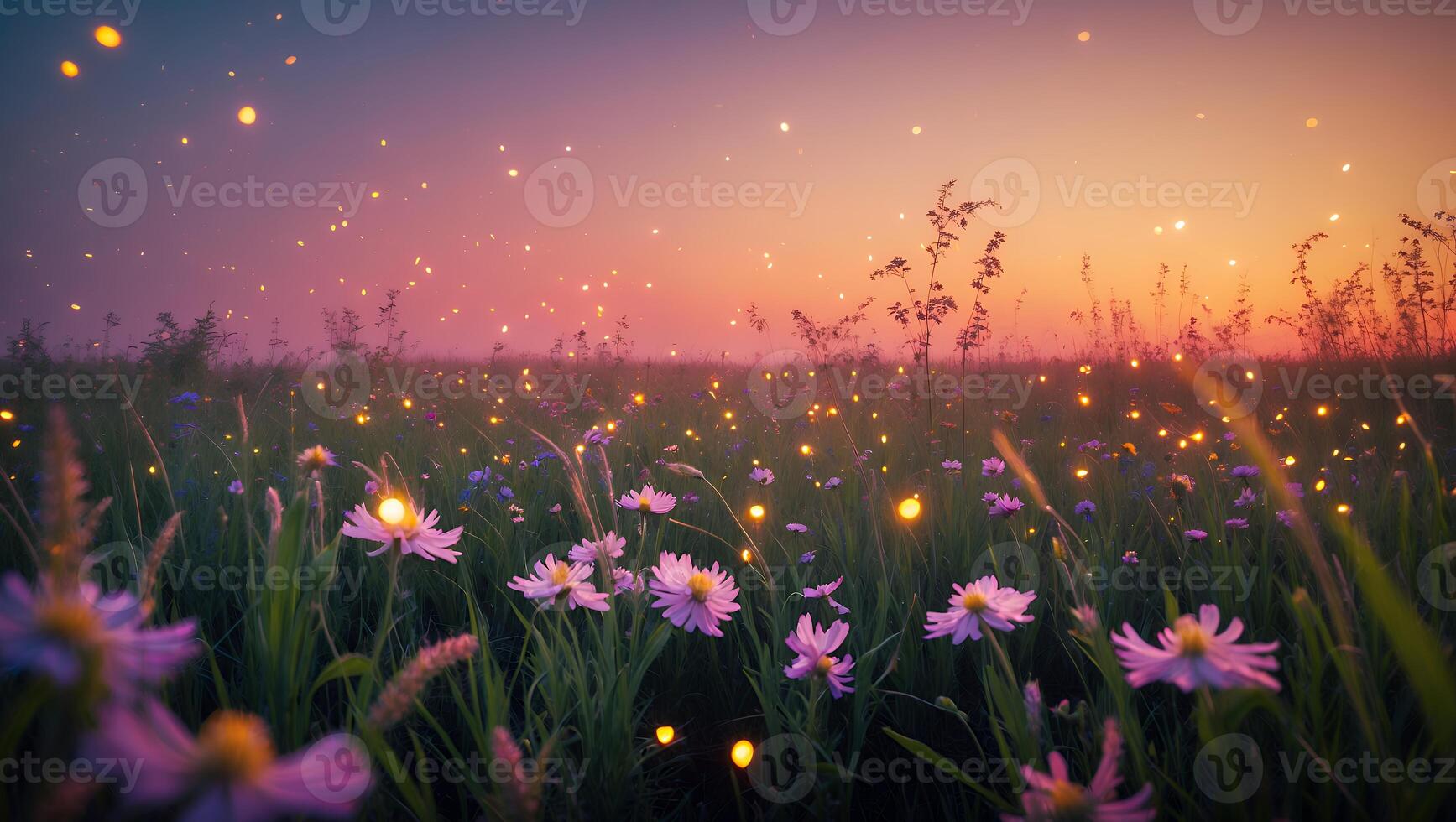 Meadow of Wildflowers at Dusk with Mysterious Glowing Light Particles photo