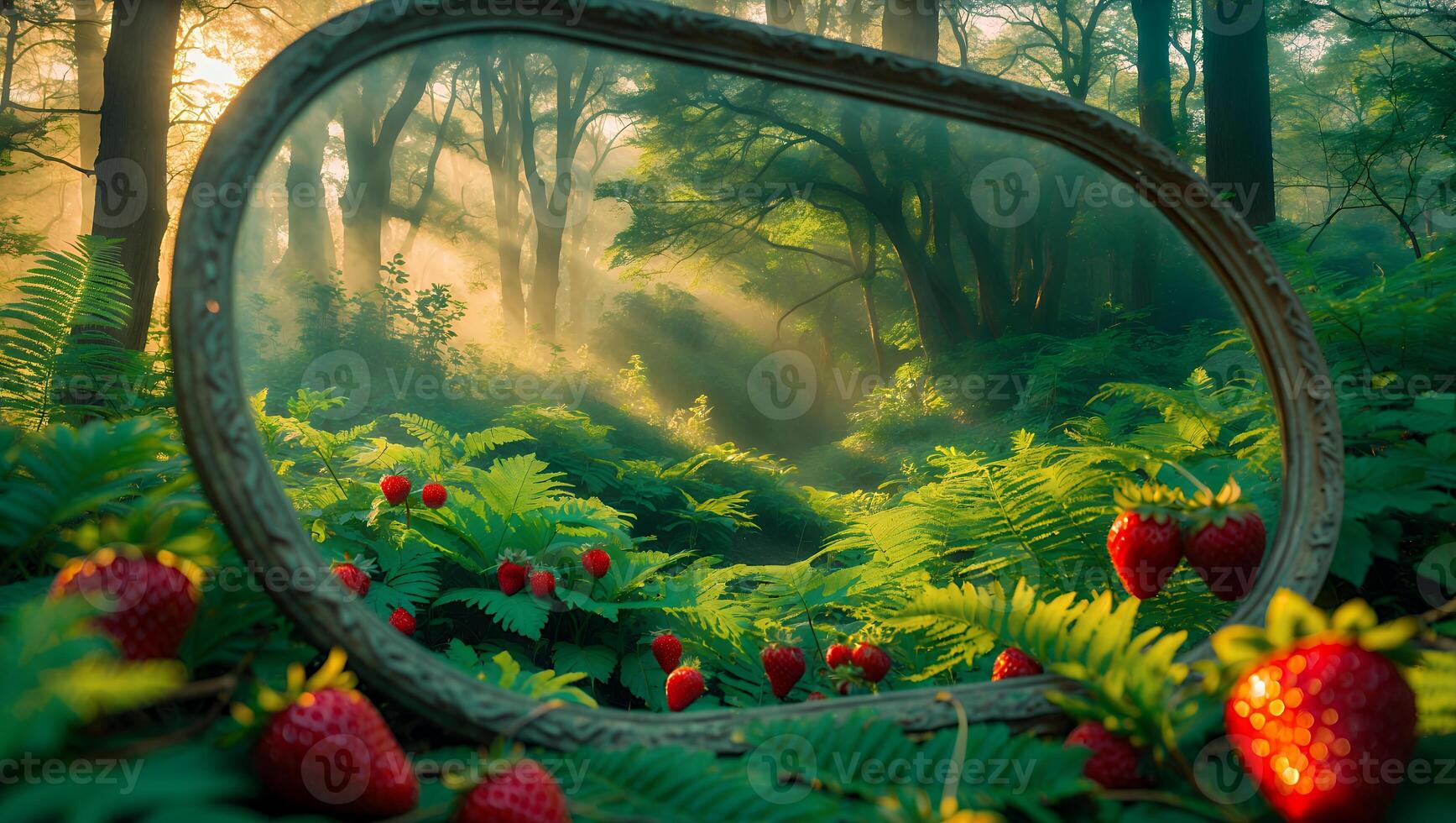 Strawberry Patch Mirror Reflects Forest with Sunlight Streaming Through Trees photo