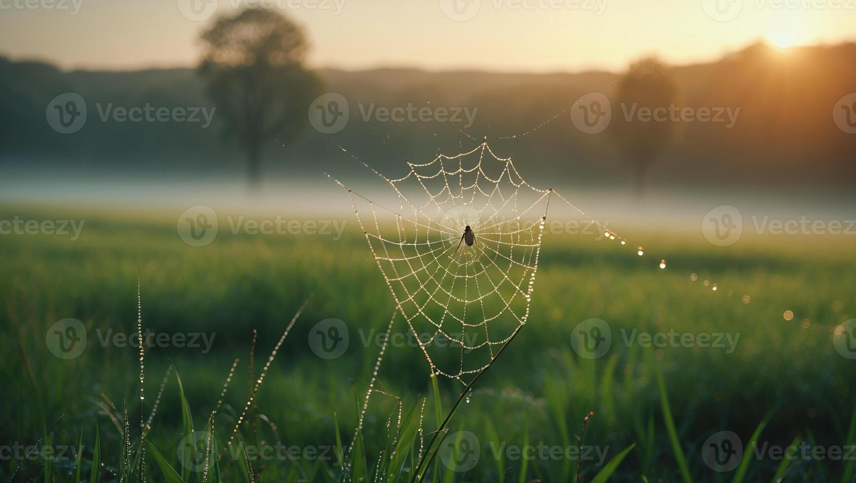 Spider Web with Dew Drops in Field at Sunrise Landscape photo