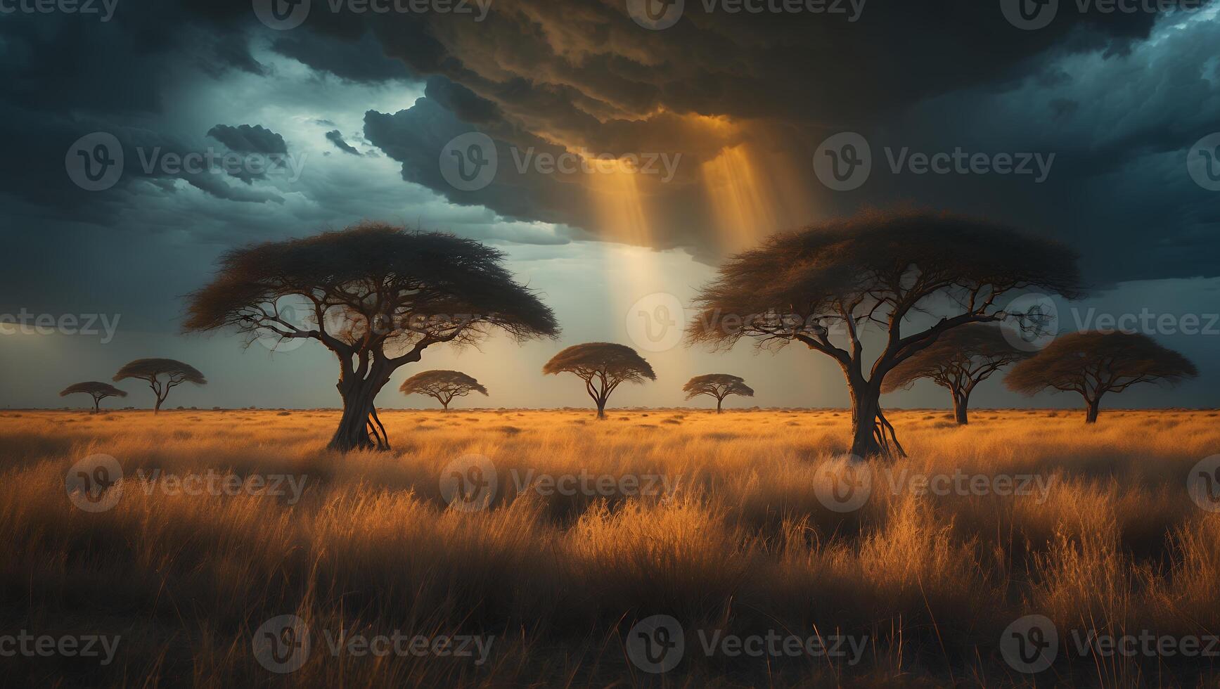 Trees in a Grassy Field with Sun Rays Bursting Through Clouds photo