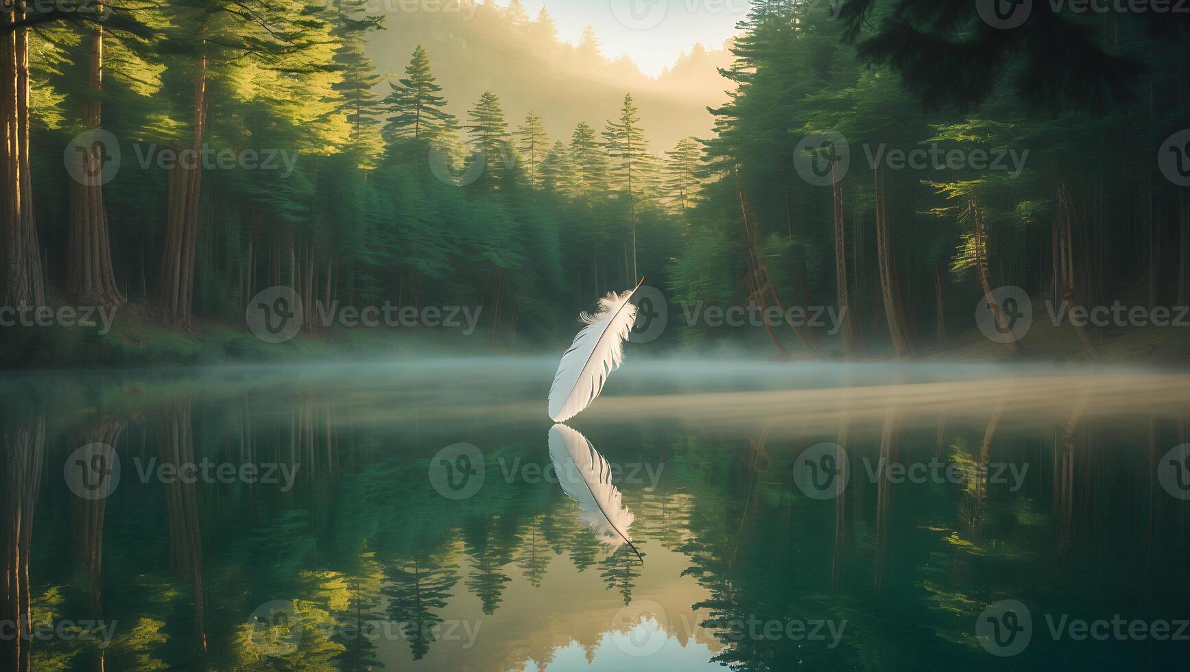 Feather Reflecting on Lake in Forest Landscape with Morning Mist photo