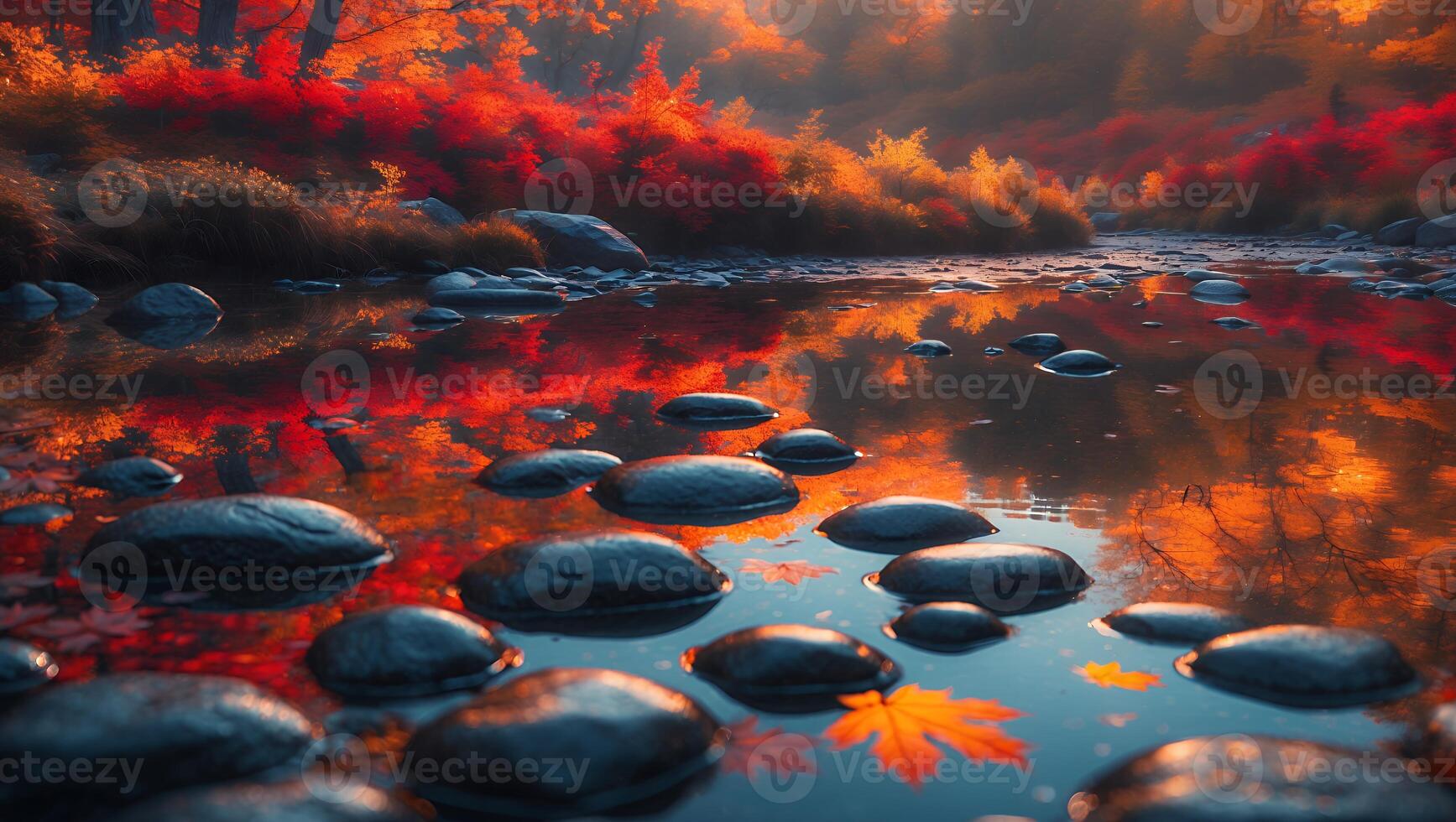 Autumn River Scene with Colorful Foliage Reflected in Calm Water photo