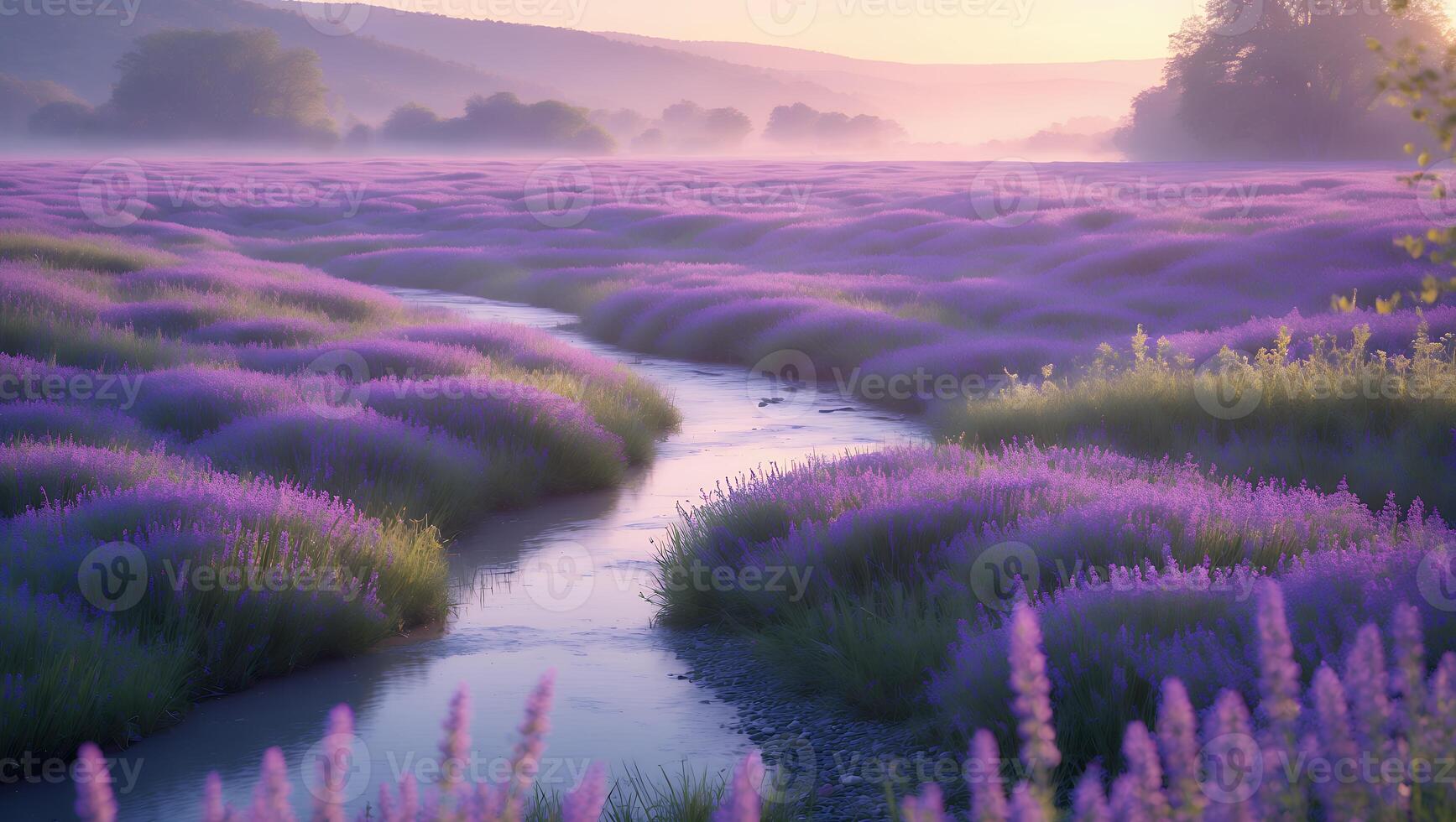 Lavender Field with Winding Stream at Sunrise Creating Dreamy Landscape photo