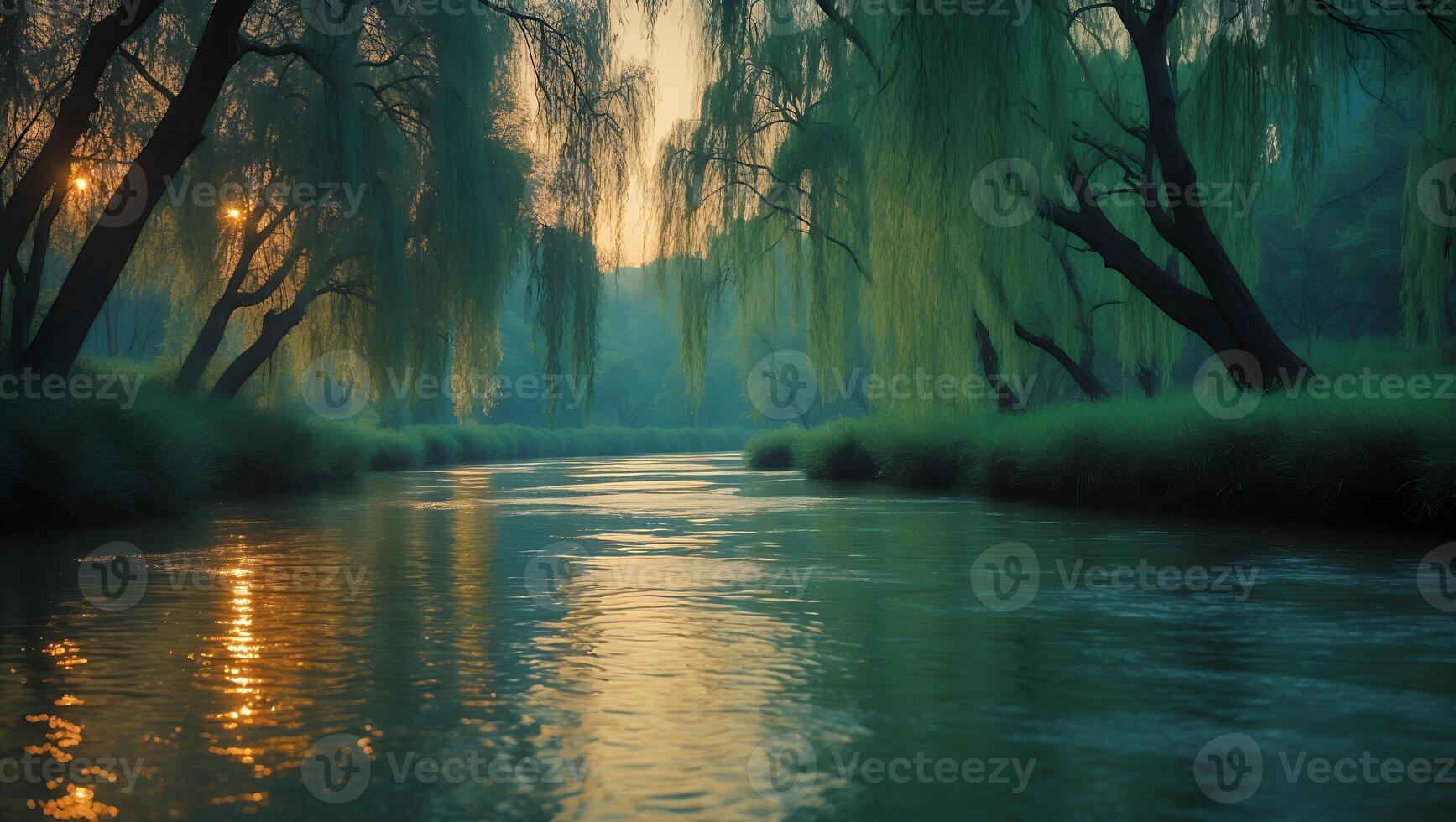 River Flowing Through Lush Green Forest with Willow Trees at Dusk photo