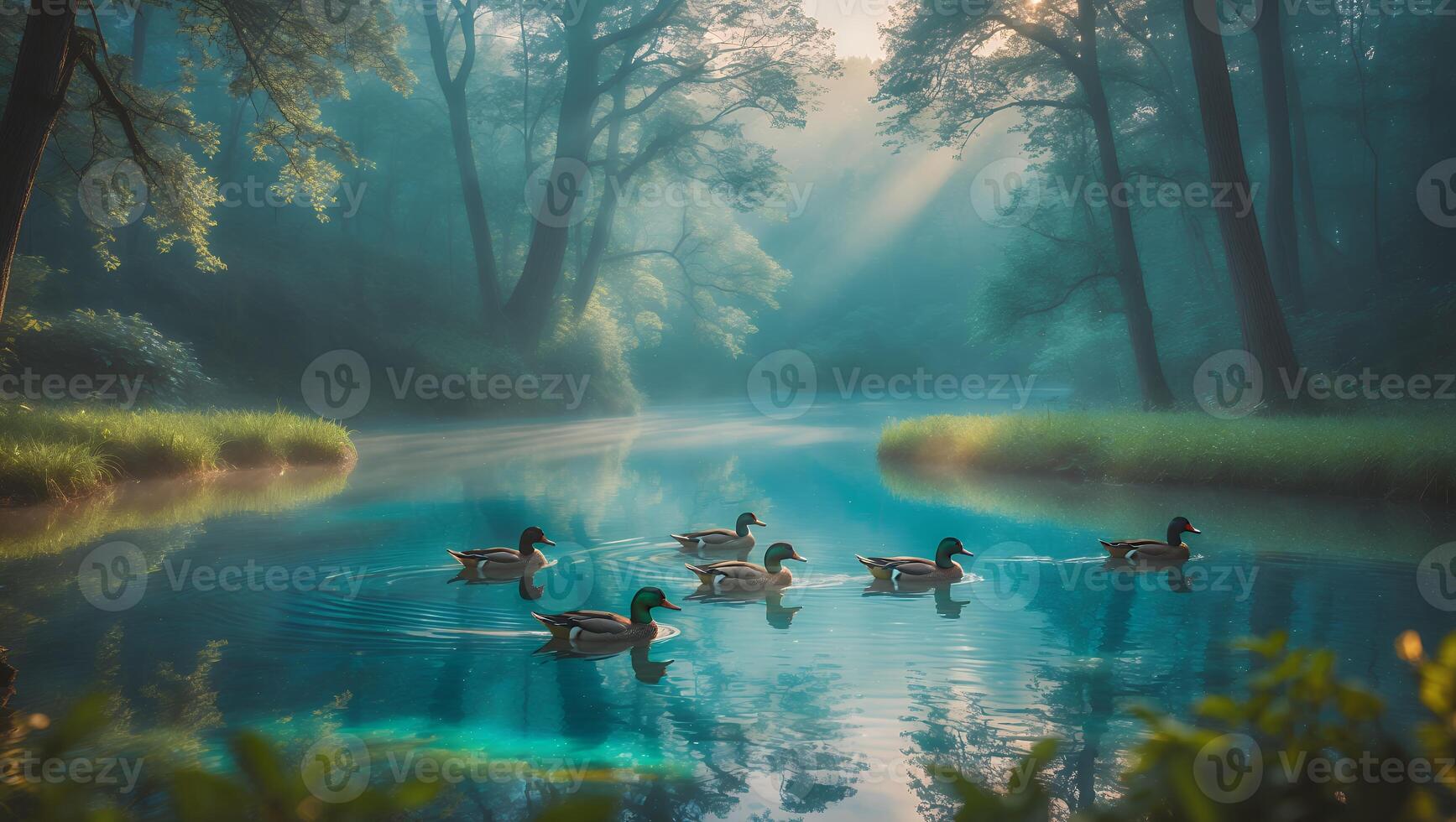 Ducks Swimming on Calm River in Forest with Morning Light photo
