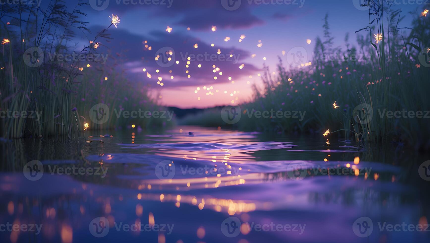 Waterway Reflections at Twilight with Glowing Lights and Natural Grass photo