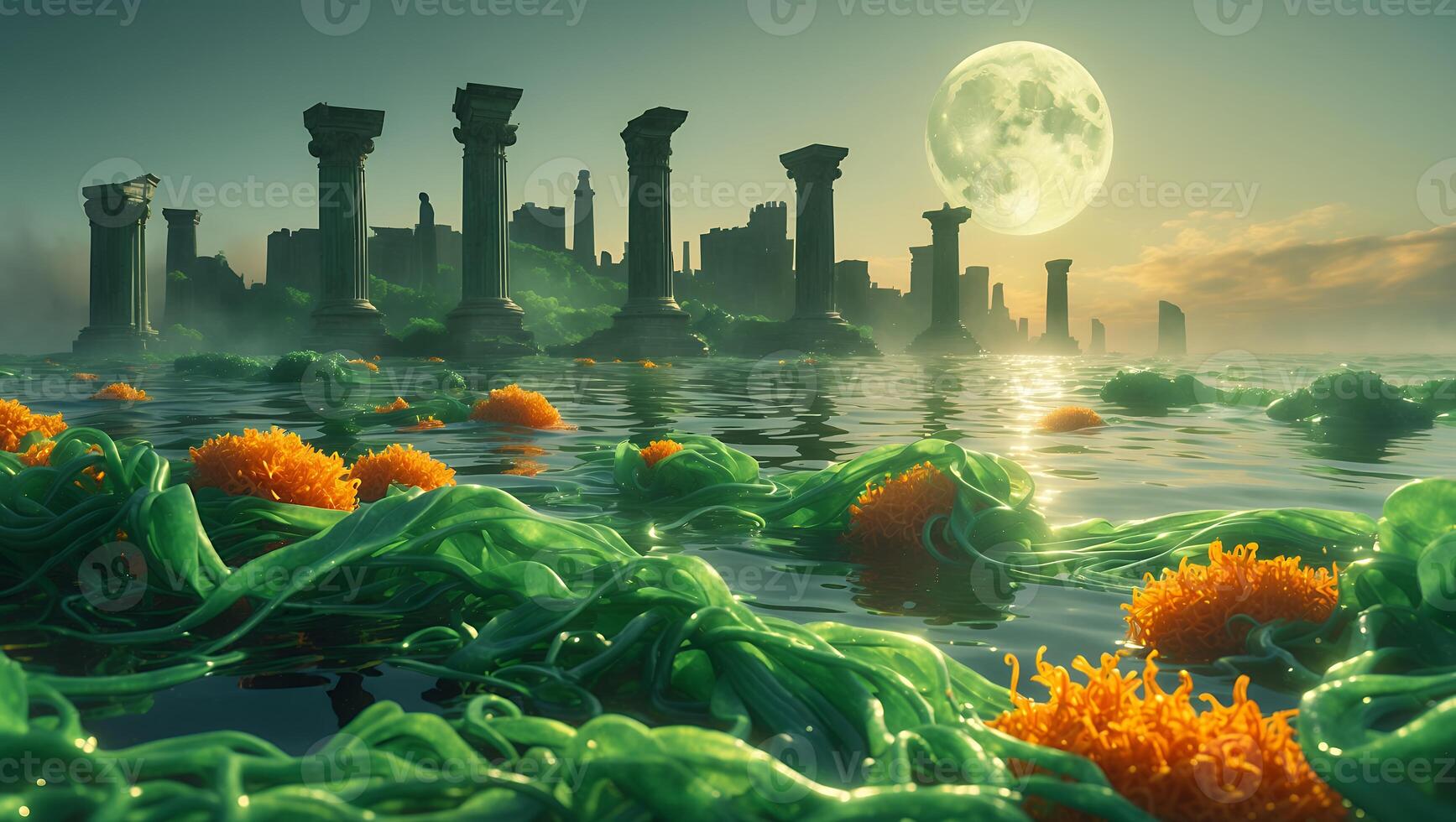 Ancient Columns Reflected in Water Under a Full Moon with Flora photo