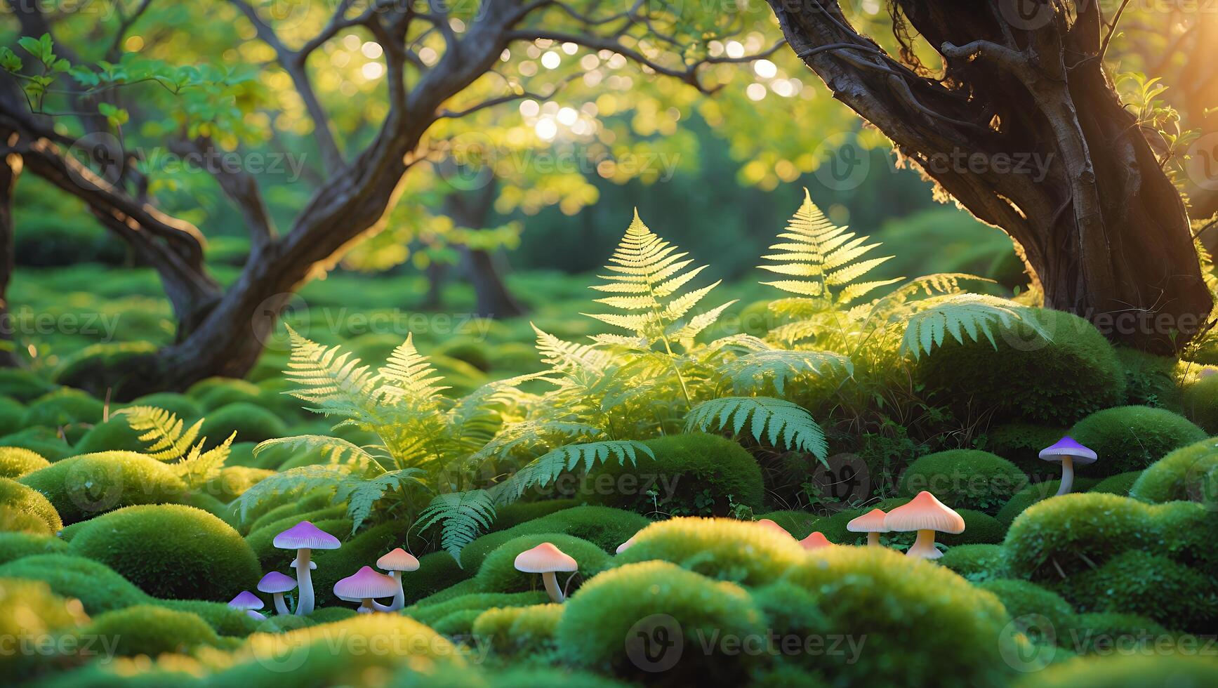 Exploring Enchanted Forest Floor with Moss, Ferns, and Fantasy Mushrooms photo