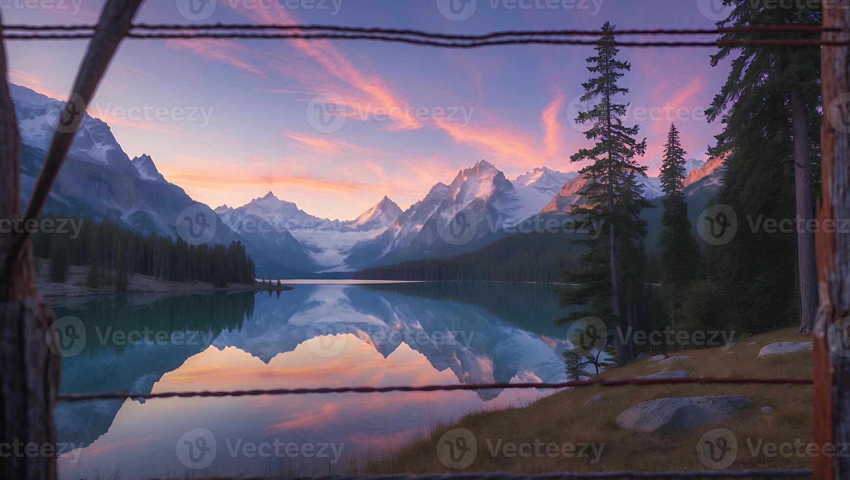 Calm Mountain Lake Reflecting Colorful Sunset Sky Through Rustic Fence photo
