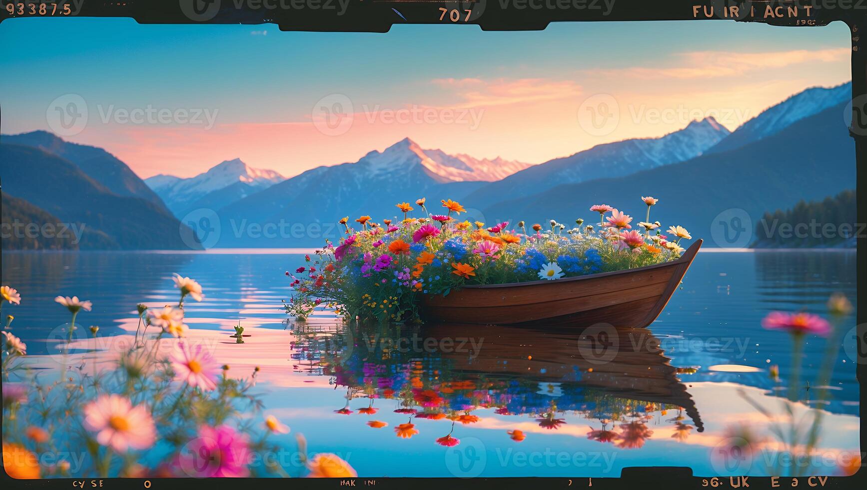 Boat Filled with Colorful Flowers on a Serene Lake at Sunset photo