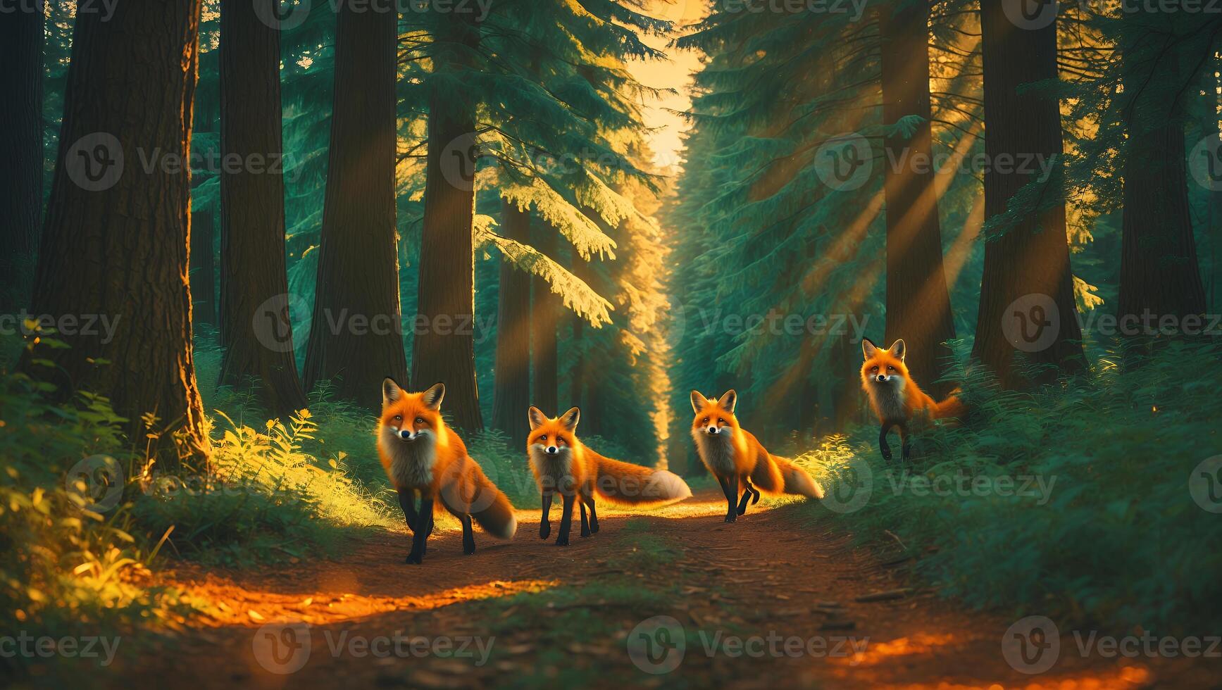 Foxes Walking on Forest Path with Sunlight Shining Through Trees photo