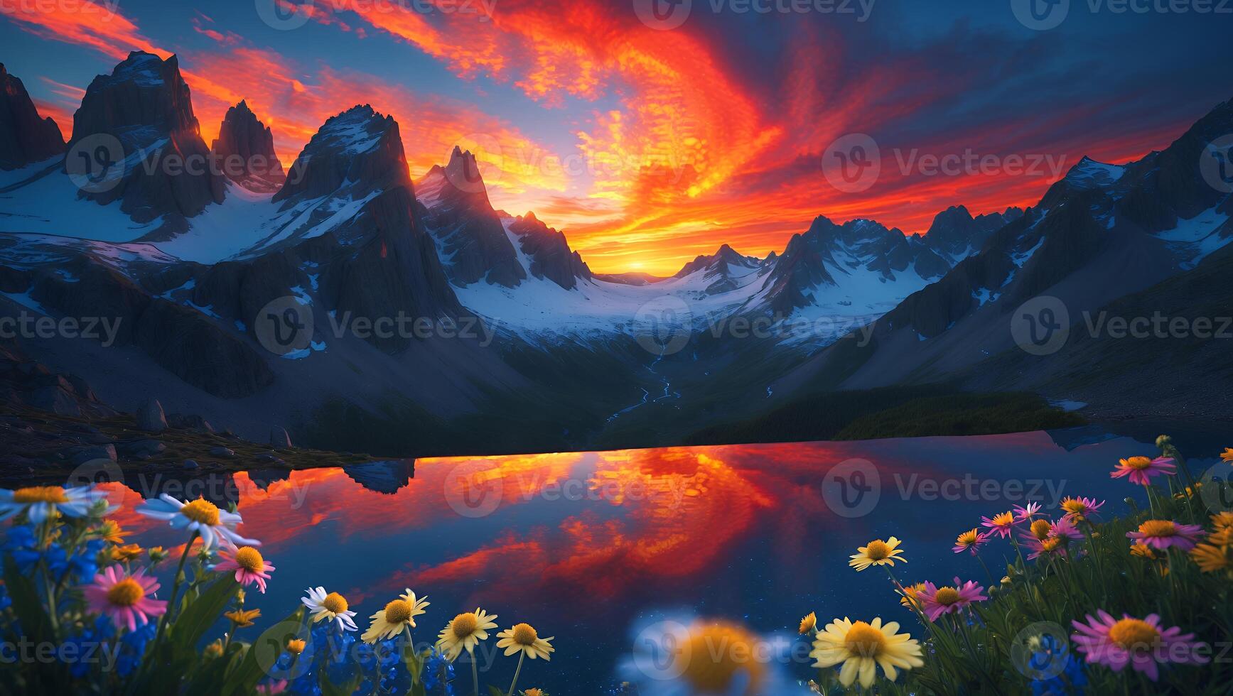 Mountains Reflecting in Lake at Sunset with Wildflowers Blooming photo