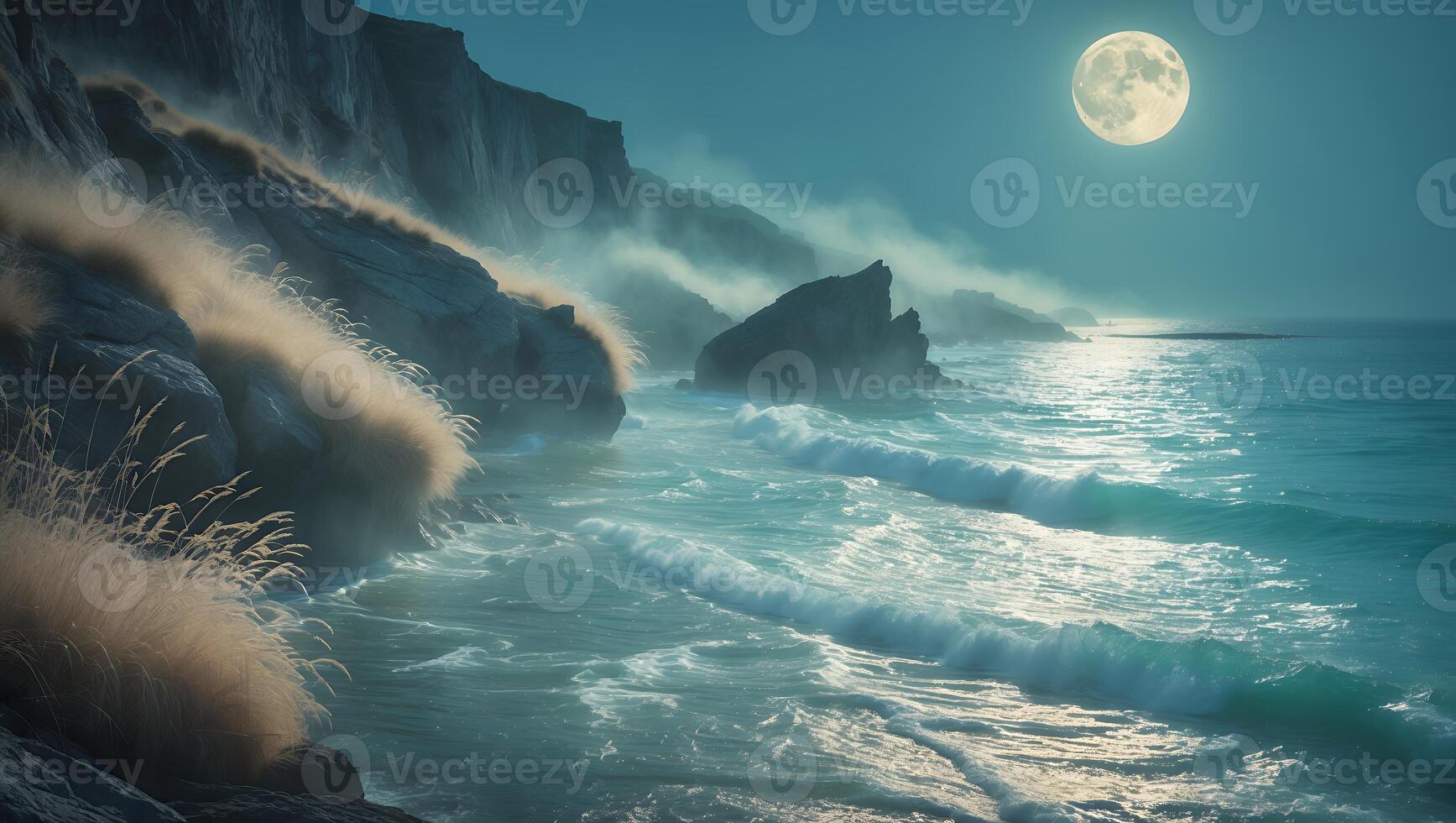 Coastal Moonlight Scene Waves Crashing Against Rocky Shore with Mist photo