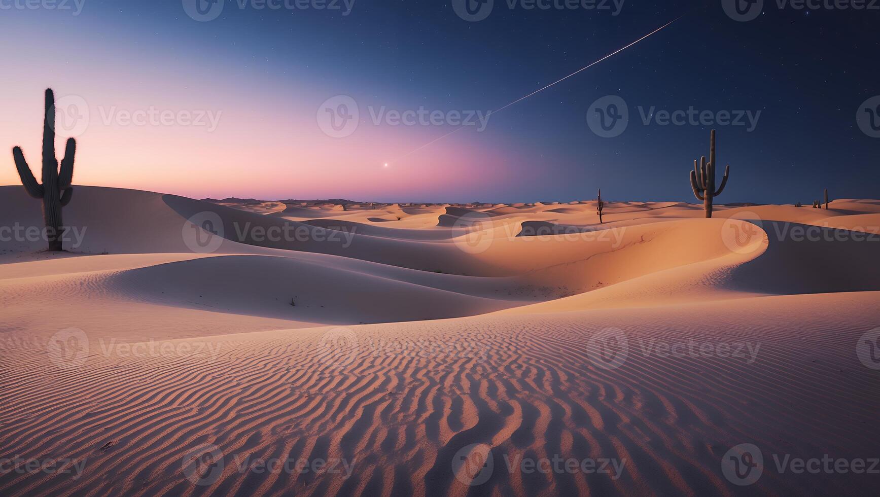 Desert Landscape with Cactus and Sand Dunes Under Colorful Sunset Sky photo