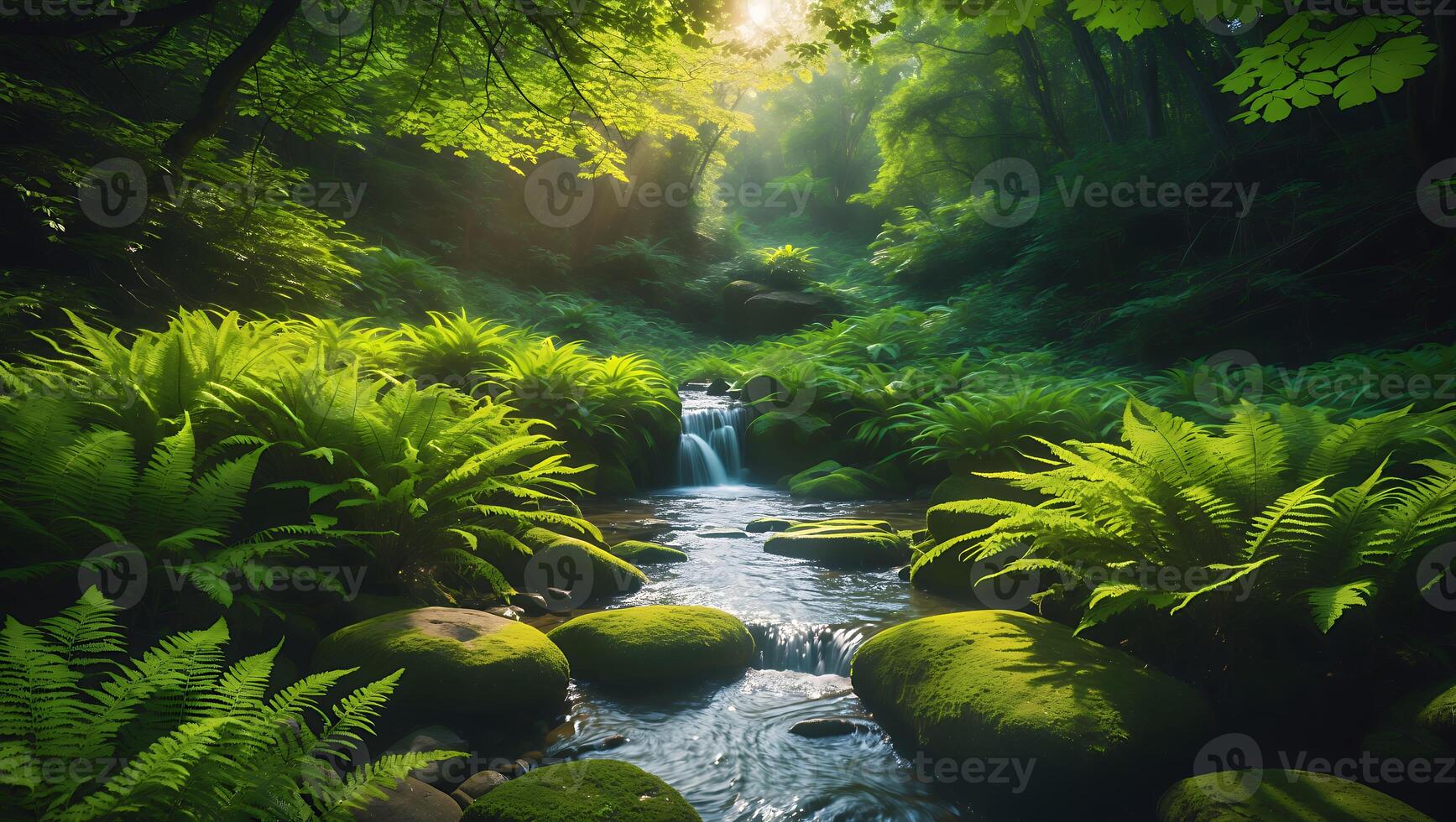 Flowing Stream in Lush Forest with Ferns and Sunlight photo