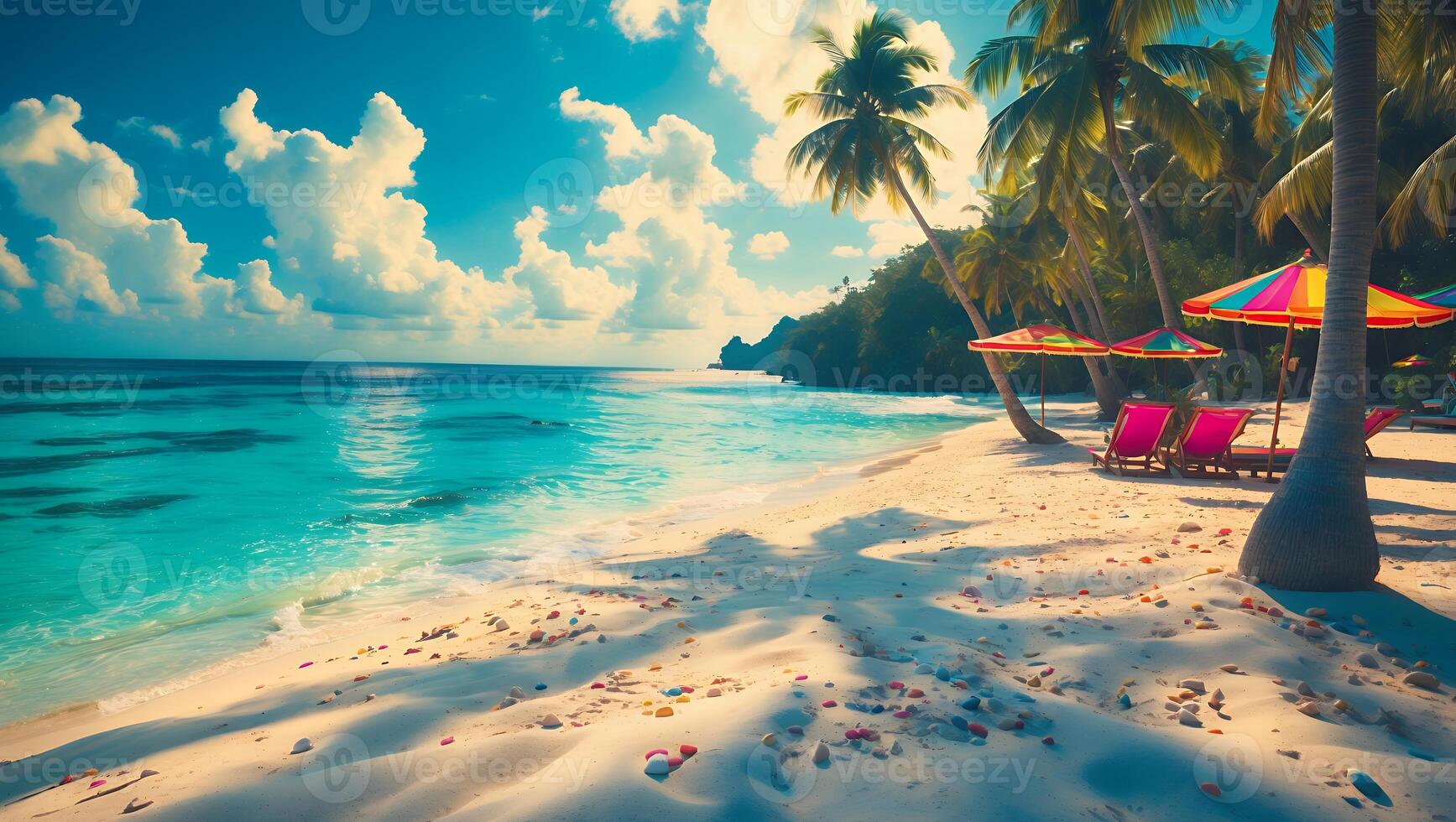 Tropical Beach Paradise with Turquoise Water, Palm Trees, and Colorful Umbrellas photo