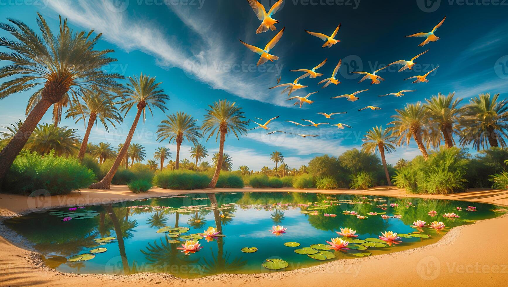 Oasis Lake with Palm Trees Birds and Lily Pads Tranquil Scene photo