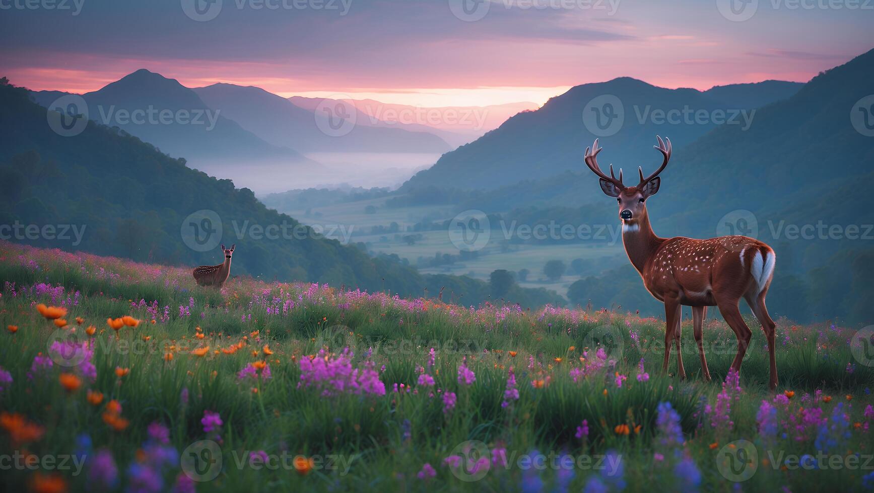 Deer Standing in Flower Meadow with Mountain Views at Sunset photo