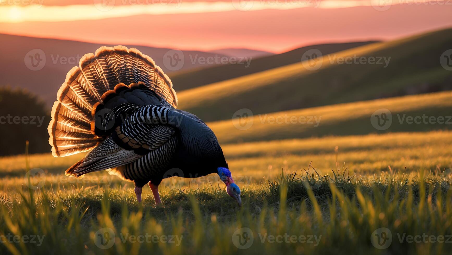 Turkey Grazing in Meadow at Sunset with Golden Light photo