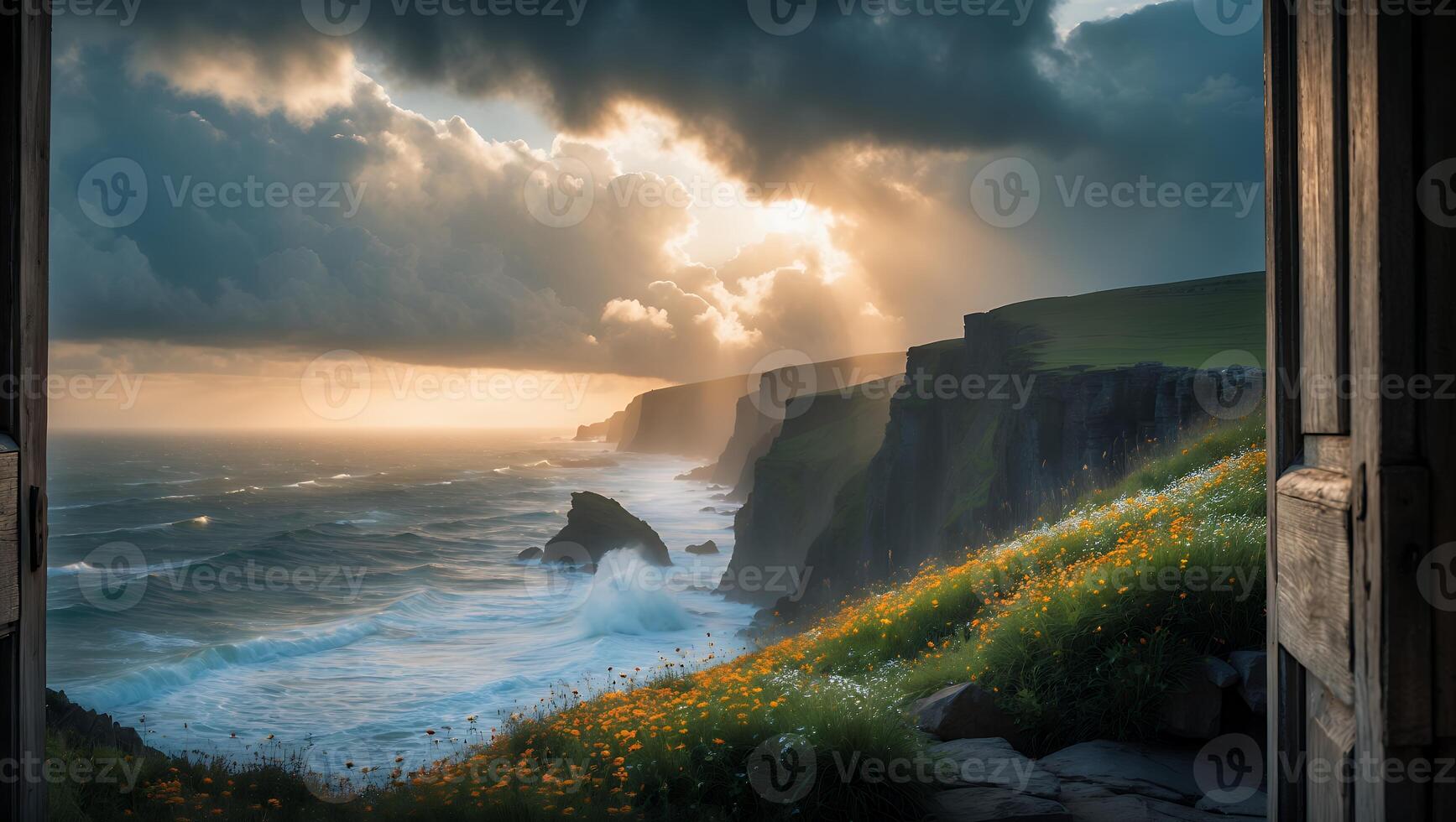 Ocean Cliff View Through Open Door with Sunlight and Wildflowers photo