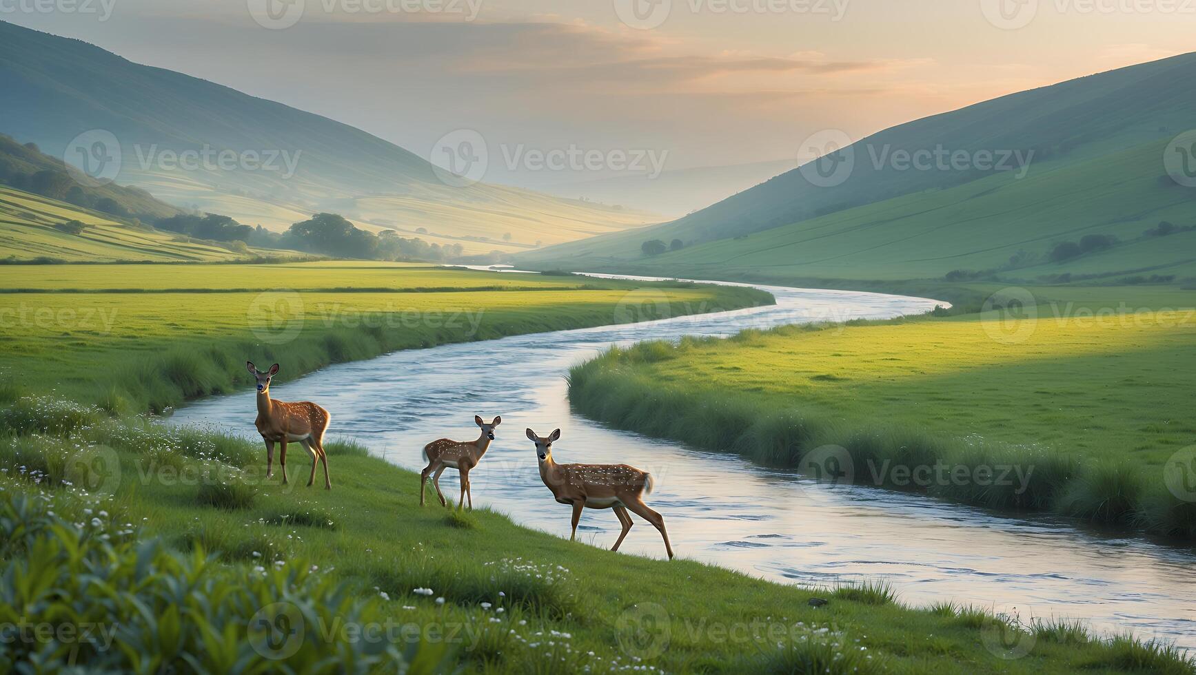Deer Standing by River in Green Valley Landscape Scene photo