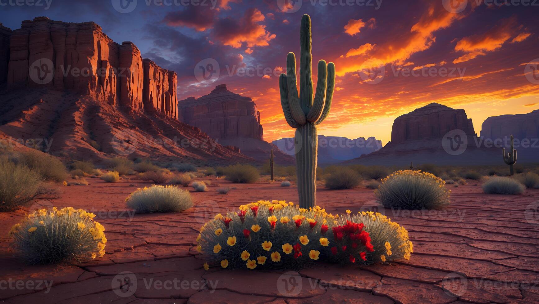 Cactus in Desert Landscape with Dramatic Sunset and Red Rock Formations photo