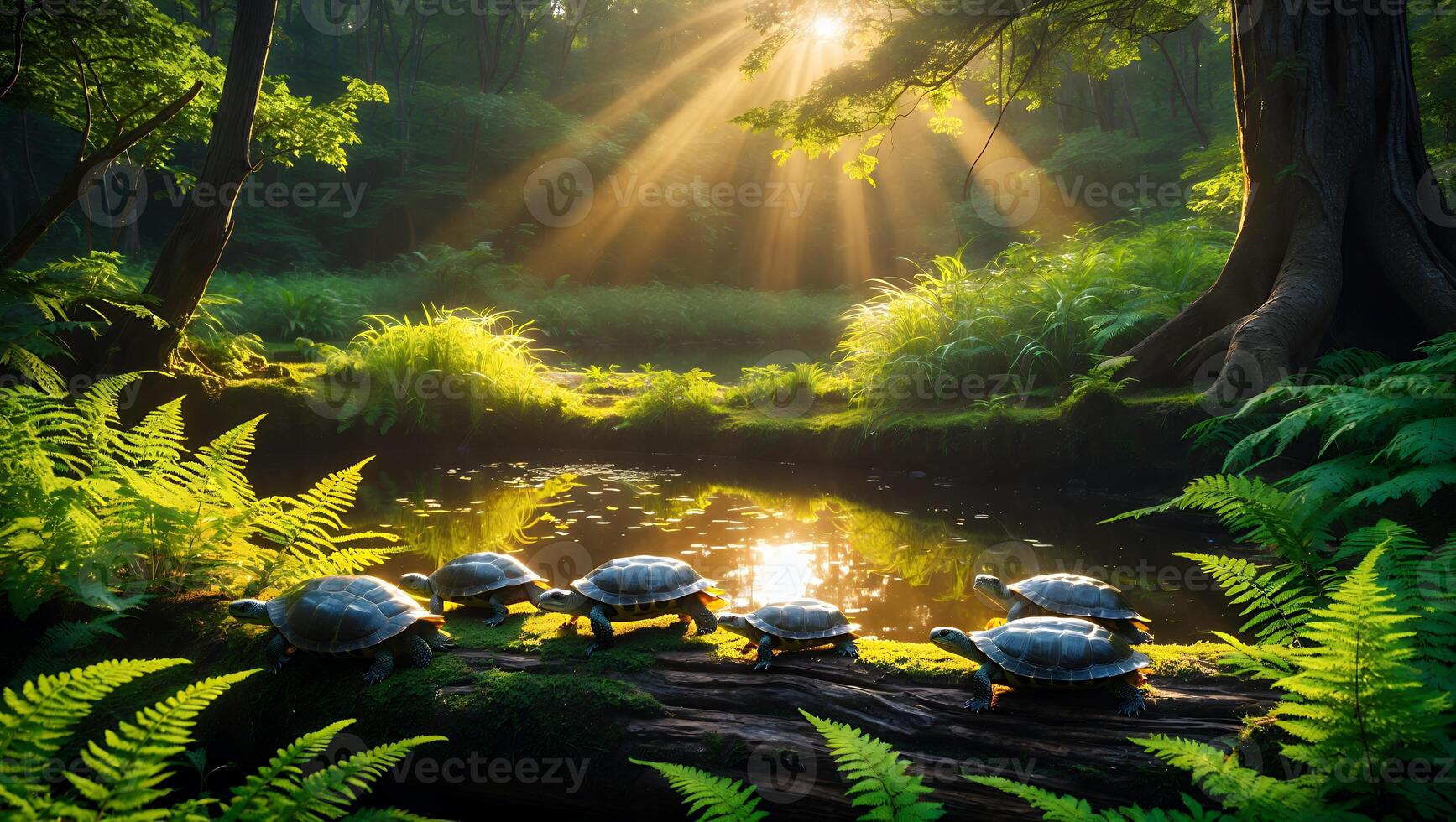 Turtles Resting on a Mossy Log Near a Sunlit Pond in Forest photo