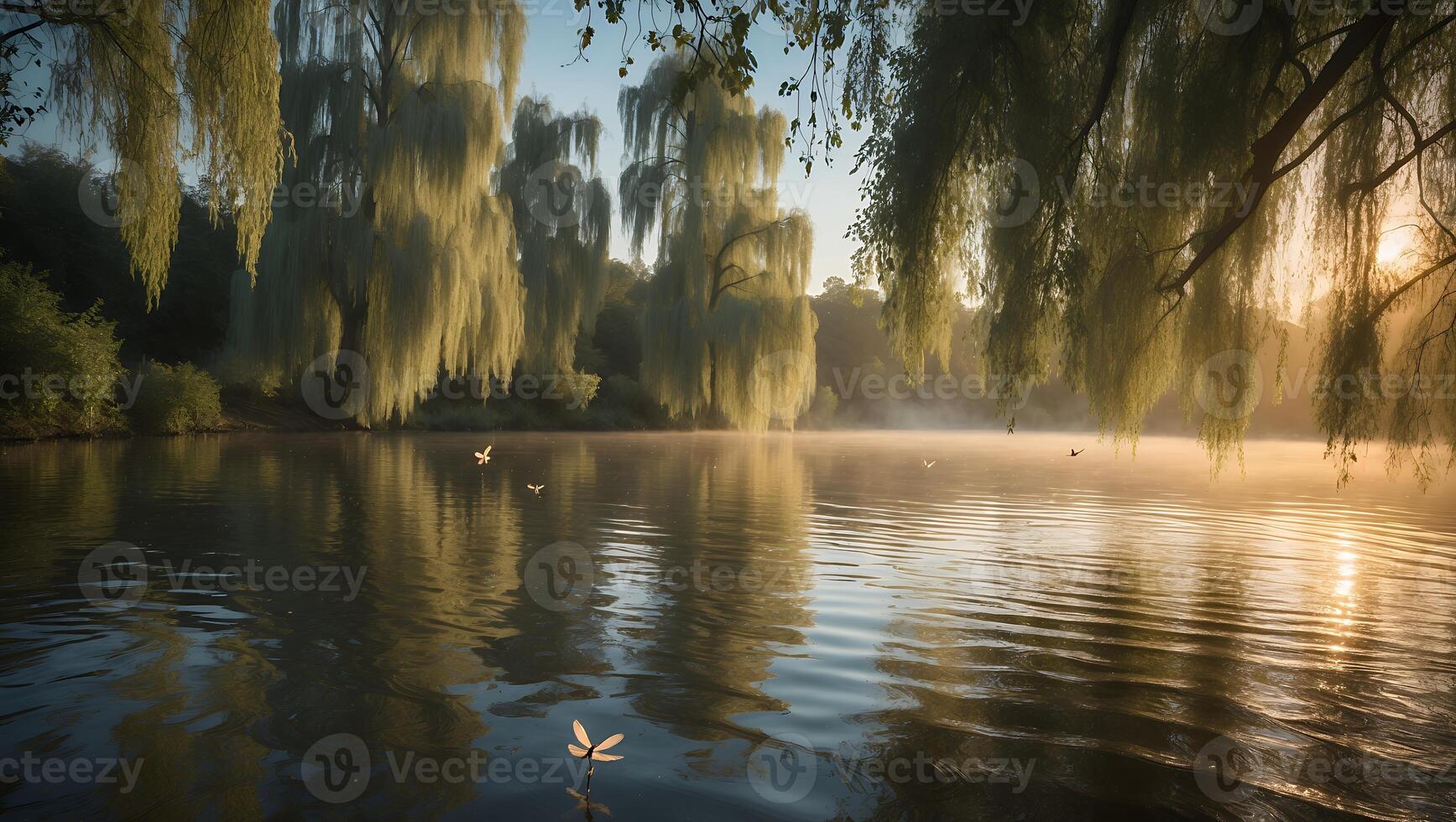 Still Lake Reflecting Weeping Willows at Sunrise with Mist and Ripples photo