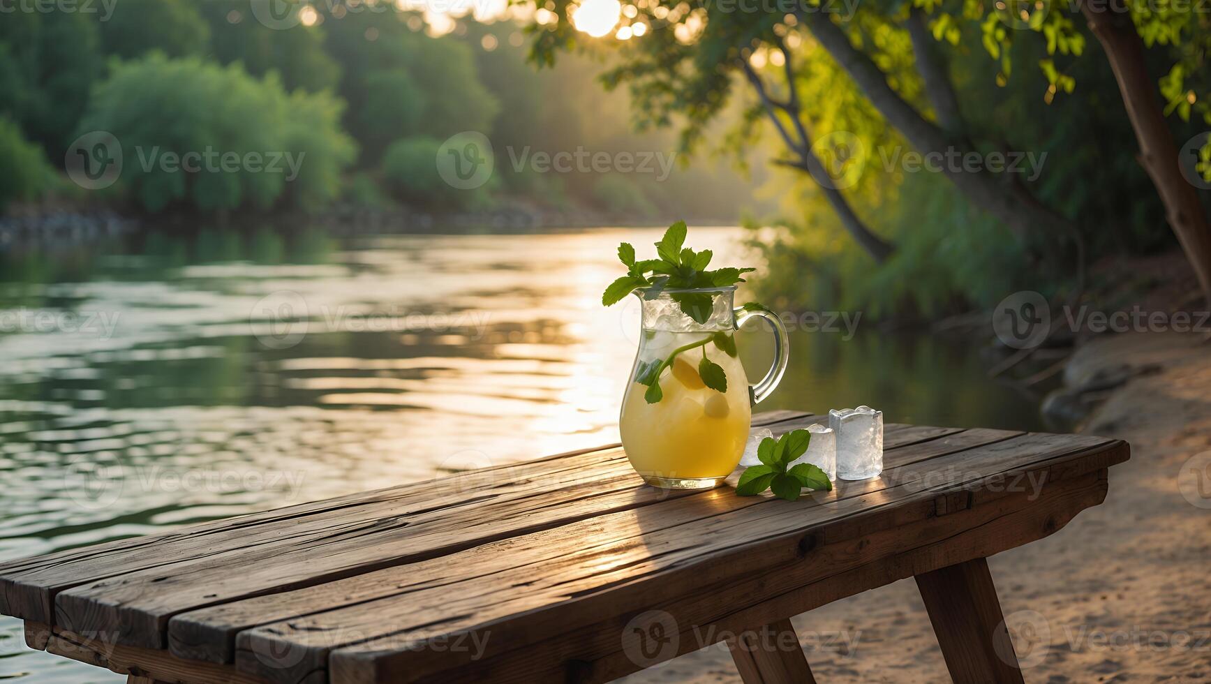 Refreshing Lemonade with Mint on Wooden Table by River at Sunset photo