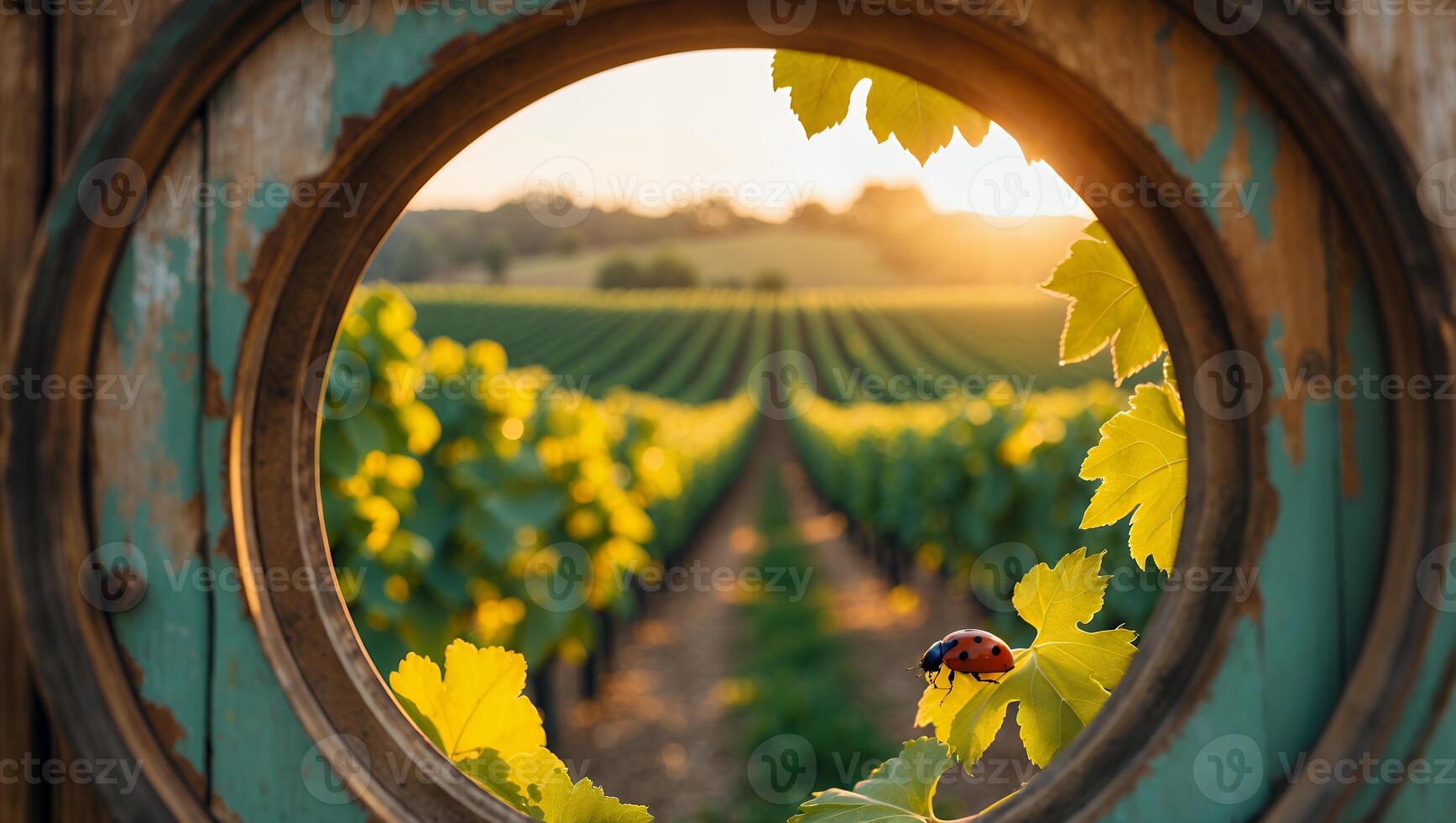 Vineyard View with Ladybug Through Wooden Frame at Sunset photo